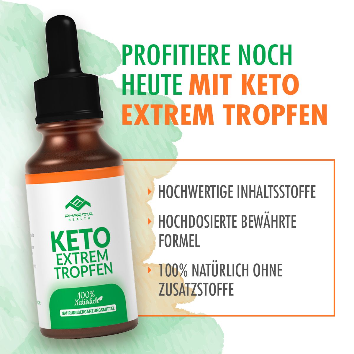 Braune Flasche mit schwarzem Tropfer. Aufschrift: Keto Extrem Tropfen. Text: Hochwertige Inhaltsstoffe, hochdosierte Formel, 100% natürlich.