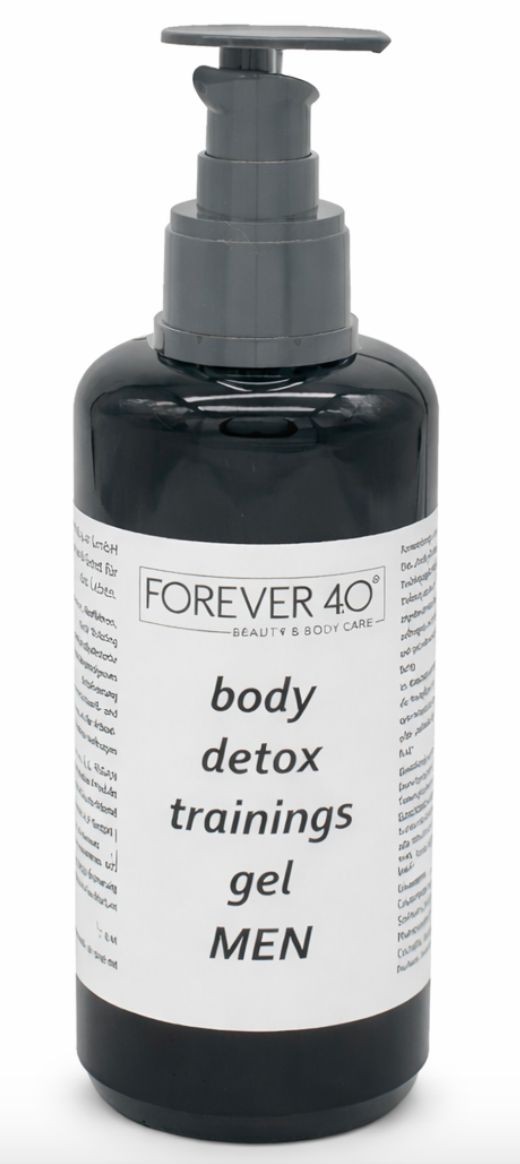 Schwarze Flasche mit Pumpe. Aufkleber mit "FOREVER 40", "body detox trainings gel MEN".