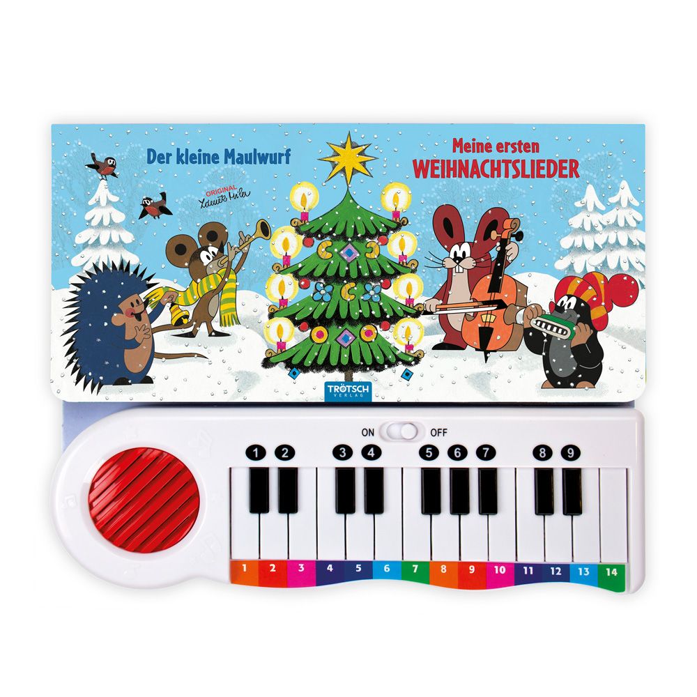 Buch mit Titel "Meine ersten Weihnachtslieder". Darunter ein weißes Spielzeugklavier mit farbigen Tasten.