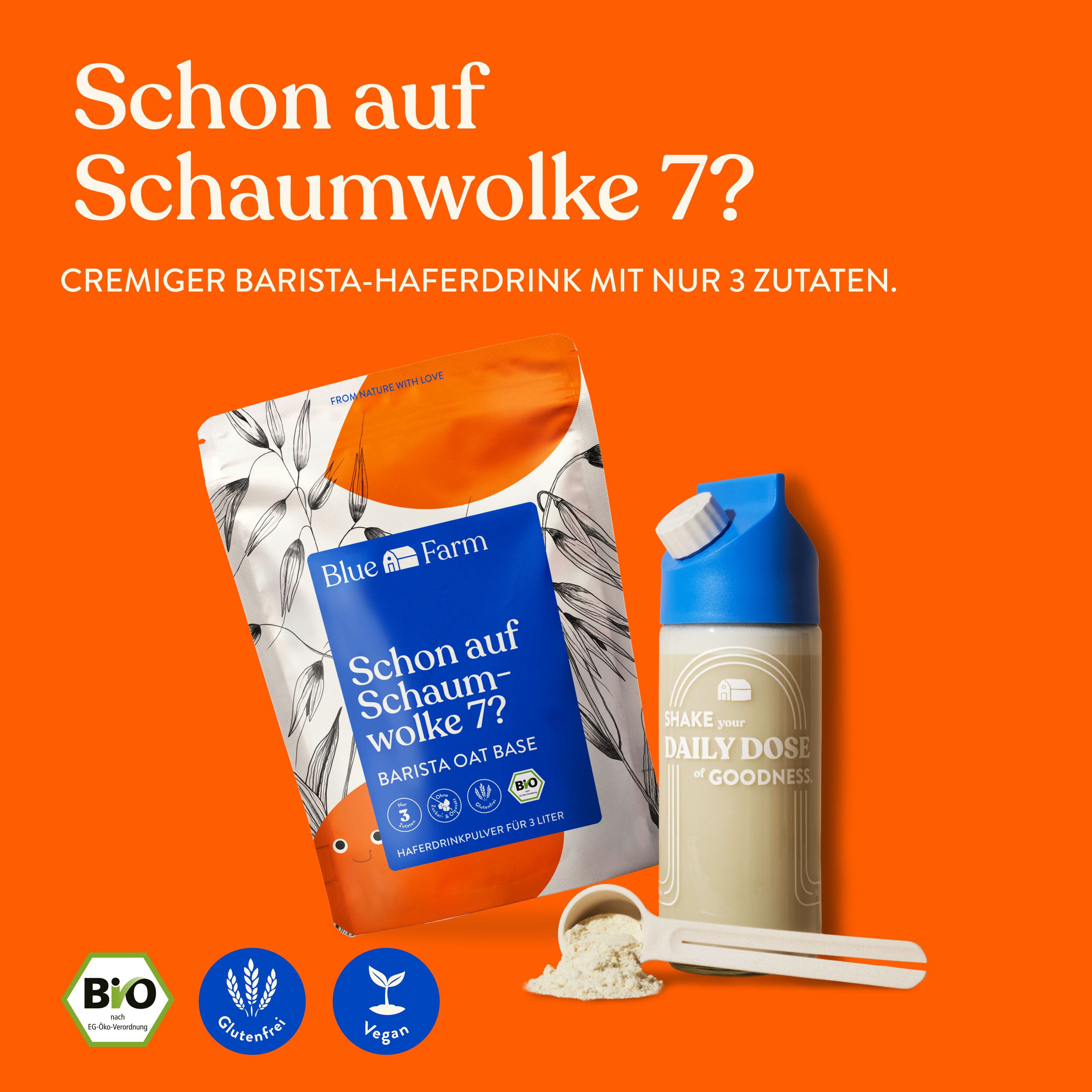 Produkt-Set mit Haferdrink-Pulver, Shaker und Messlöffel. Bio-Zertifizierung. Glutenfrei und vegan. Text: Cremiger Barista-Haferdrink mit nur 3 Zutaten.