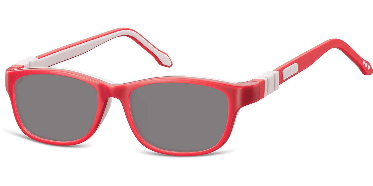 Rote Sonnenbrille mit grauen Gläsern und weißen Bügelenden. Rechteckige Form. Detailansicht.