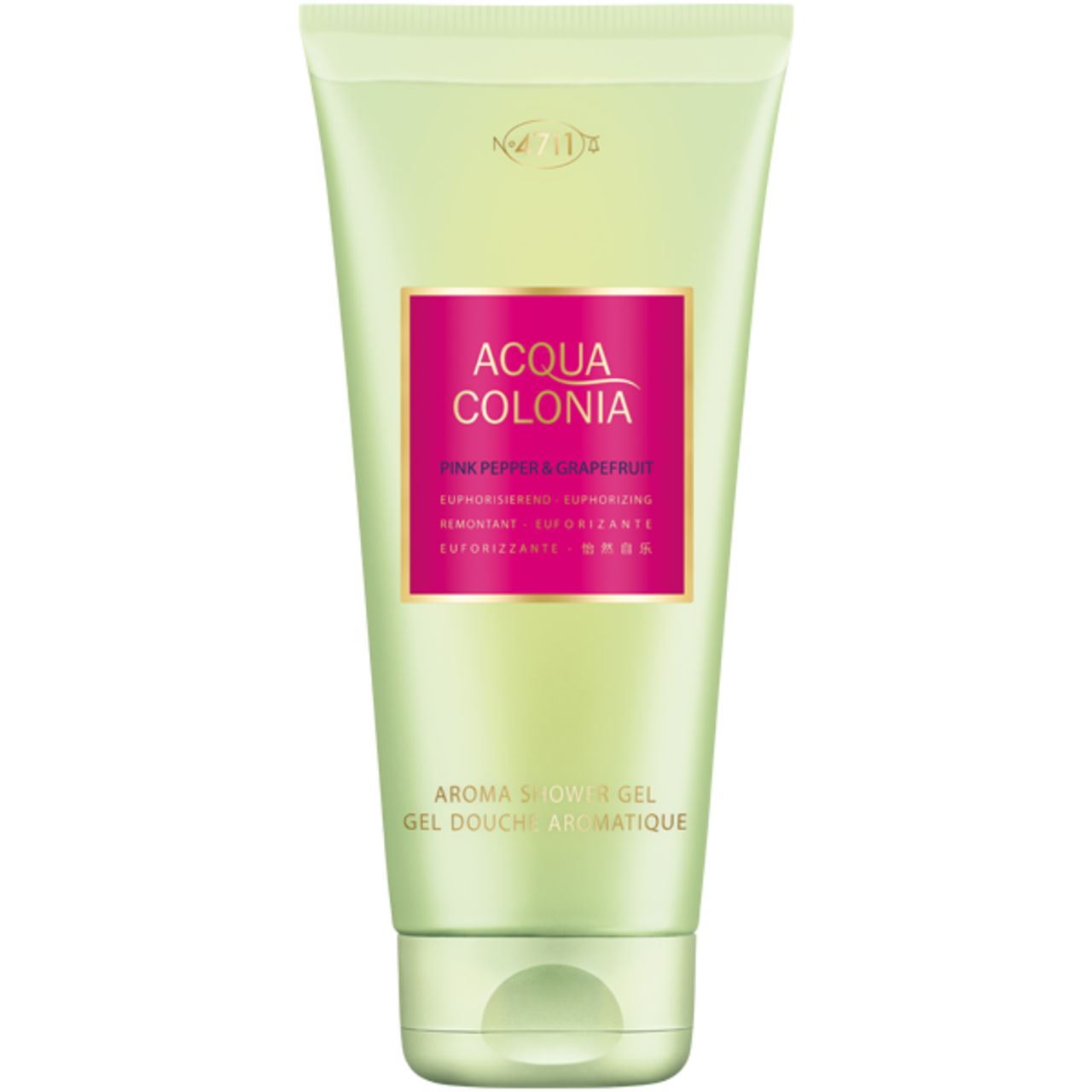 Aroma Shower Gel Tube. Pinkfarbener Schriftzug ACQUA COLONIA. Grünliche Tube mit hellem Deckel.