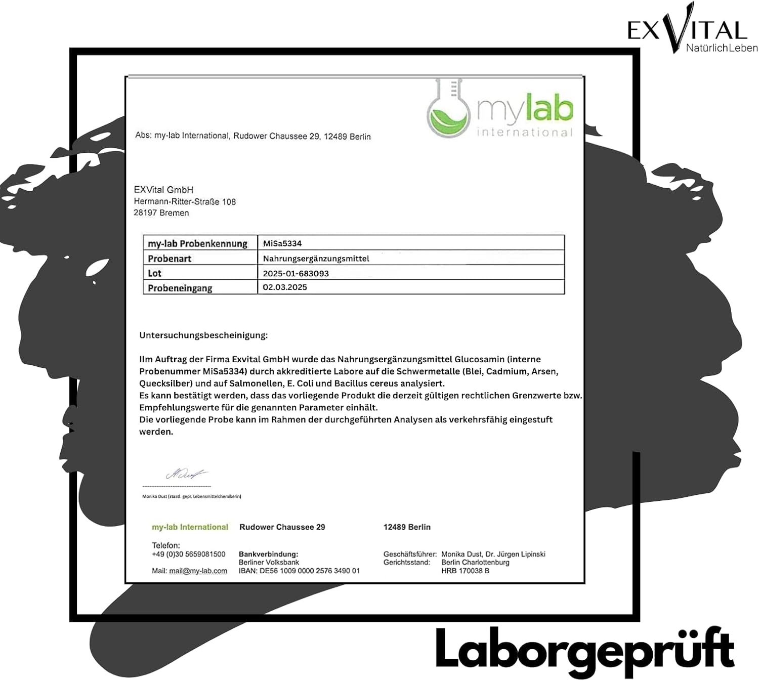 Laborgeprüftes Dokument von mylab international. Enthält Informationen zu Proben, Chargennummer, Untersuchungsergebnissen und Unterschrift.