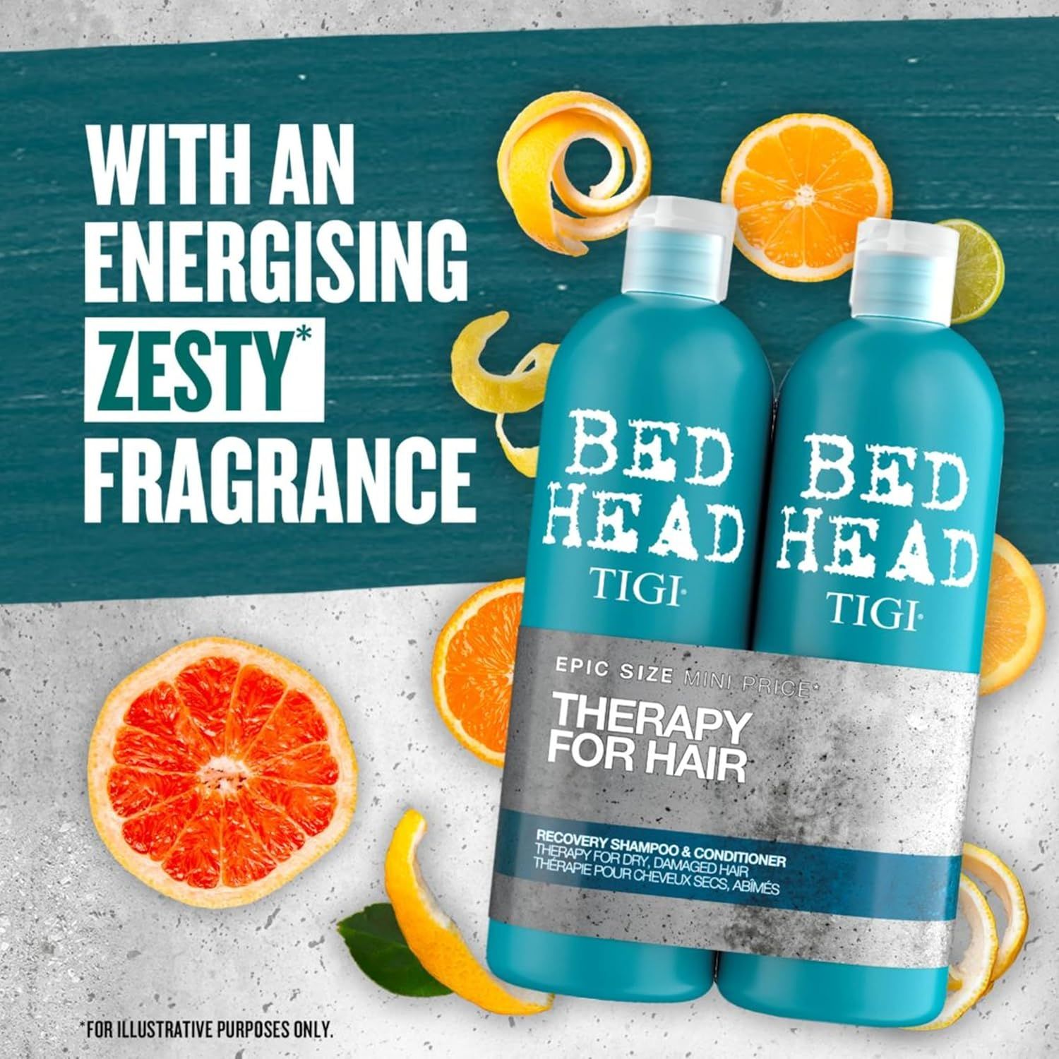 Zwei blaue Flaschen mit weißem Aufdruck. Text: Bed Head TIGI, Therapy for Hair. Epic Size. Mit Zesty Duft. Orangen.