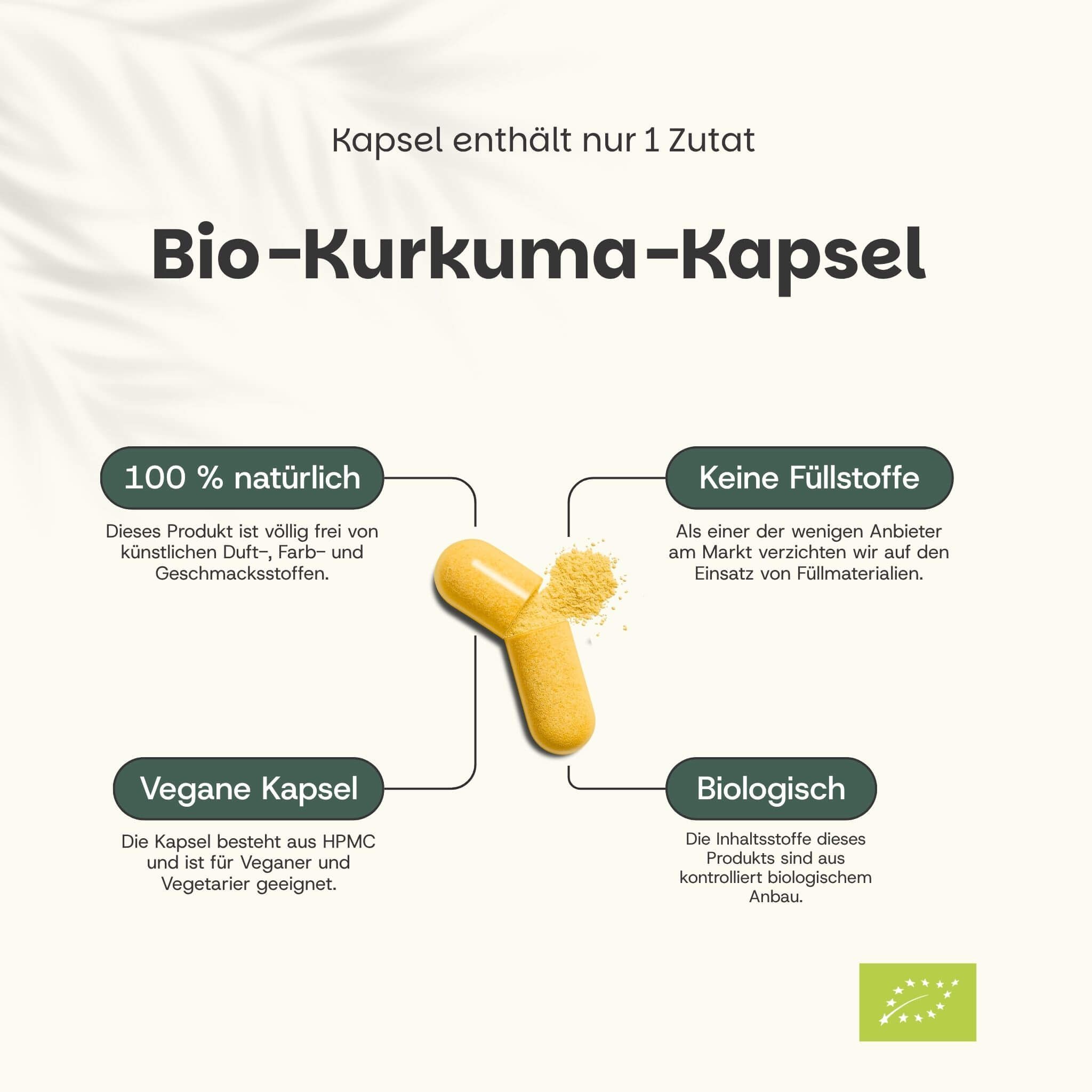Gelbe Kapsel mit Kurkuma-Pulver. Text: Bio-Kurkuma-Kapsel. 100% natürlich, keine Füllstoffe, vegan, biologisch.