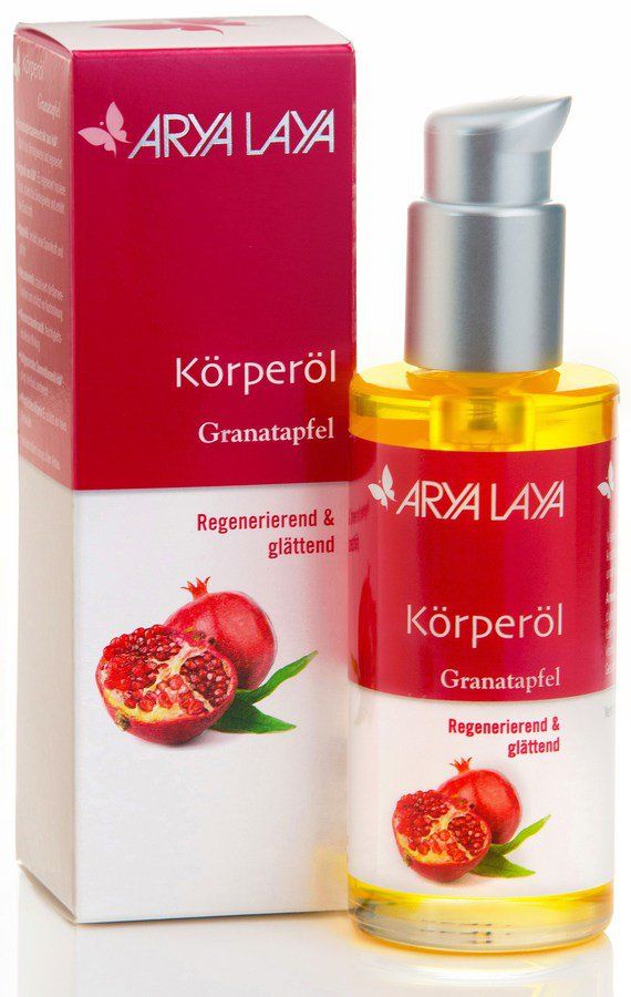 Körperöl-Flasche und -Verpackung. Rote Etiketten mit weißer Schrift. Granatapfel-Illustrationen. Marke: Arya Laya.