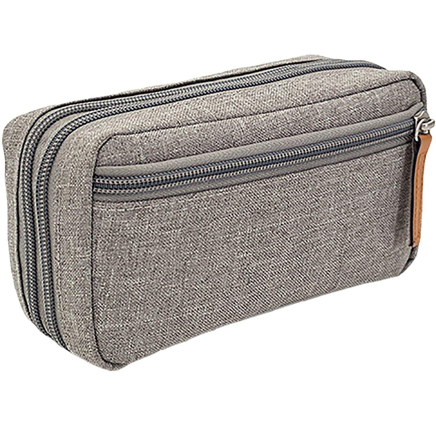 Graue, rechteckige Tasche mit Reißverschluss und braunem Lederdetail.