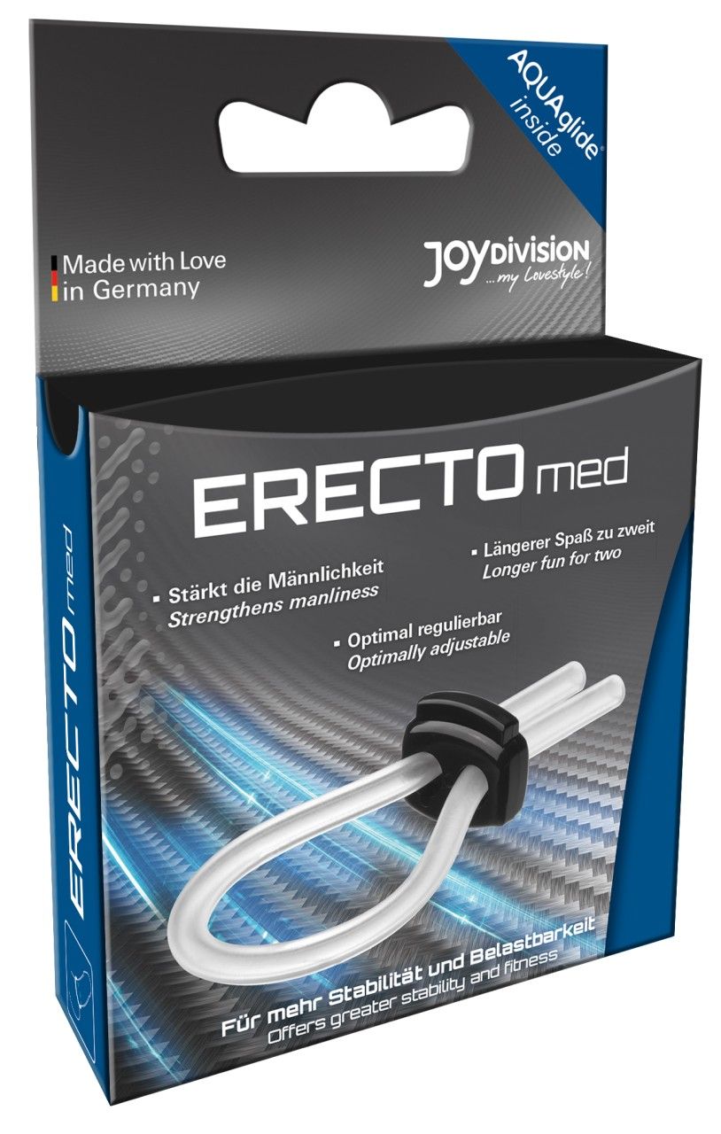 ERECTOmed Ring aus transparentem Material mit schwarzem Halter, isoliert auf weißem Hintergrund.