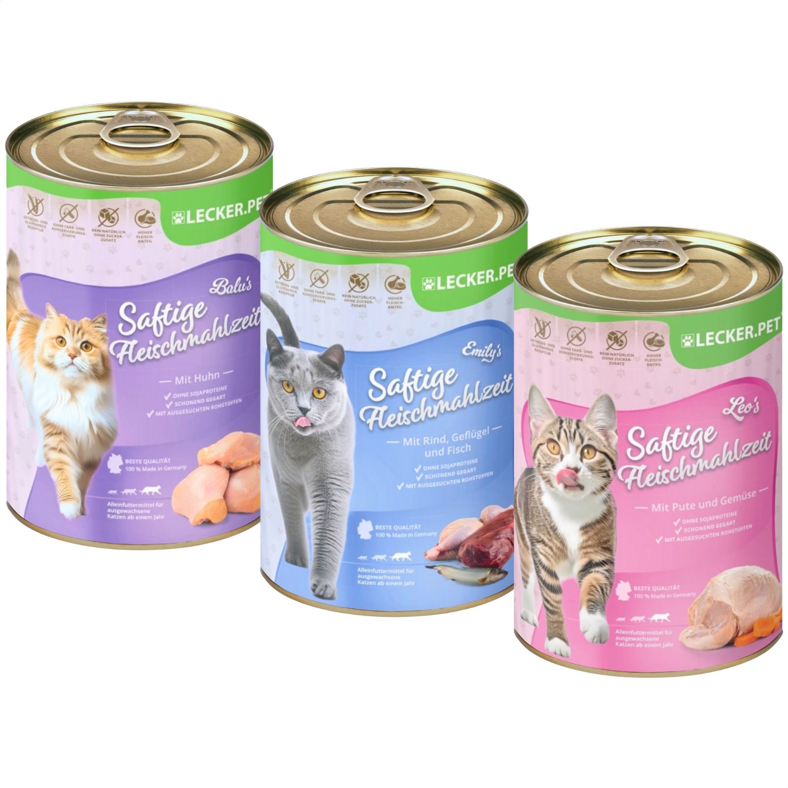 Lecker.Pet® Balu's, Emily's & Leo's Saftige Fleischmahlzeit Katzenfutter Nassfutter Mix Vollnahrung 7,2 kg Nicht relevant