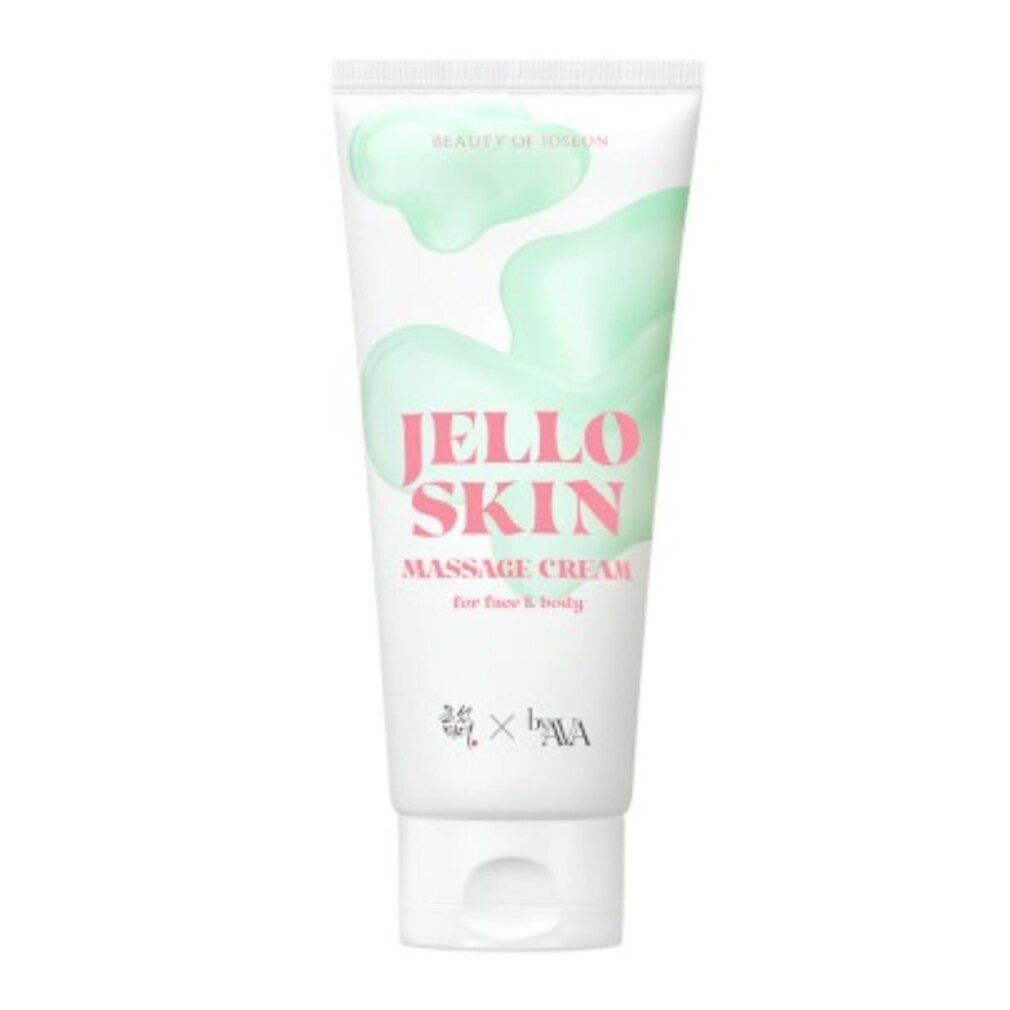 Weiße Tube mit "Jello Skin Massage Cream" Aufschrift, umgeben von grüner Creme.