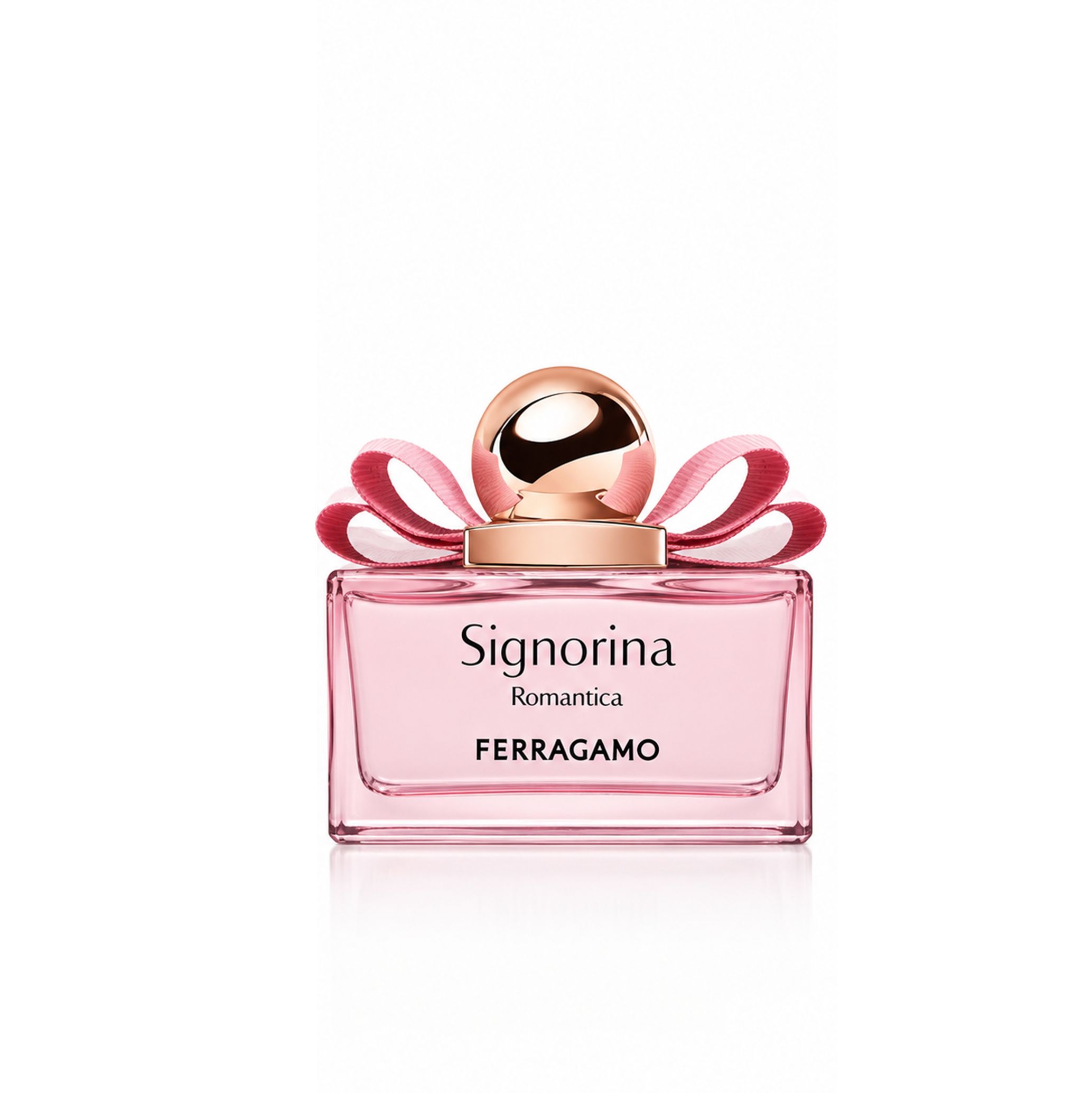 Salvatore Ferragamo Signorina Romantica Eau de Parfum Flakon mit rosa Schleife und goldenem Verschluss.