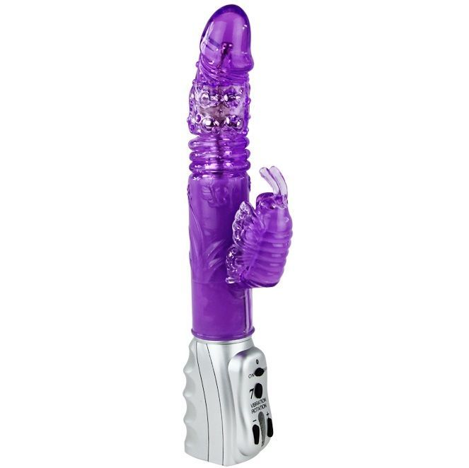Lila Vibrator mit Schmetterlings-Design. Silberfarbener Bedienungsteil mit Knöpfen. Transparente und strukturierte Oberfläche.