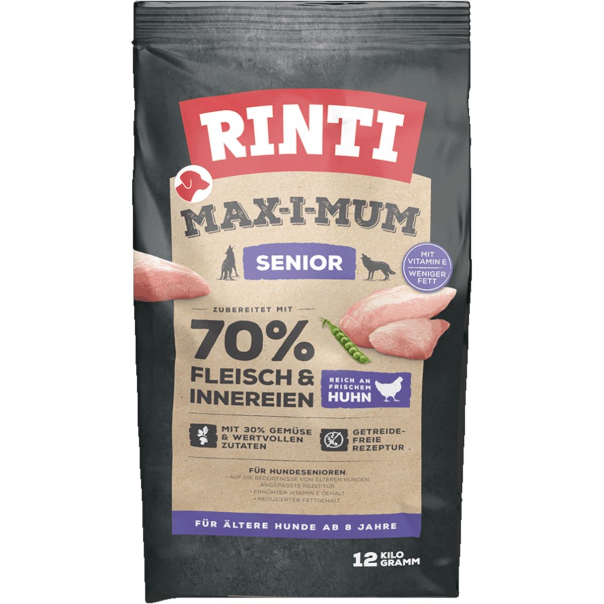 Rinti Max-i-Mum Senior Huhn Hundefutter, 12 kg. Mit 70% Fleisch & Innereien, Gemüse und getreidefreier Rezeptur.