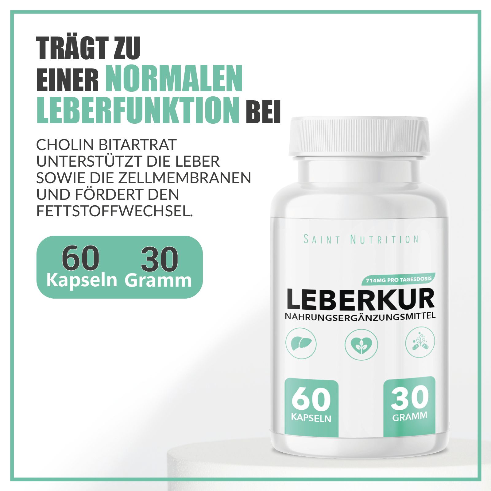 Flasche mit Kapseln, umgeben von Text. Text: Trägt zu einer normalen Leberfunktion bei. 60 Kapseln, 30 Gramm. Saint Nutrition.