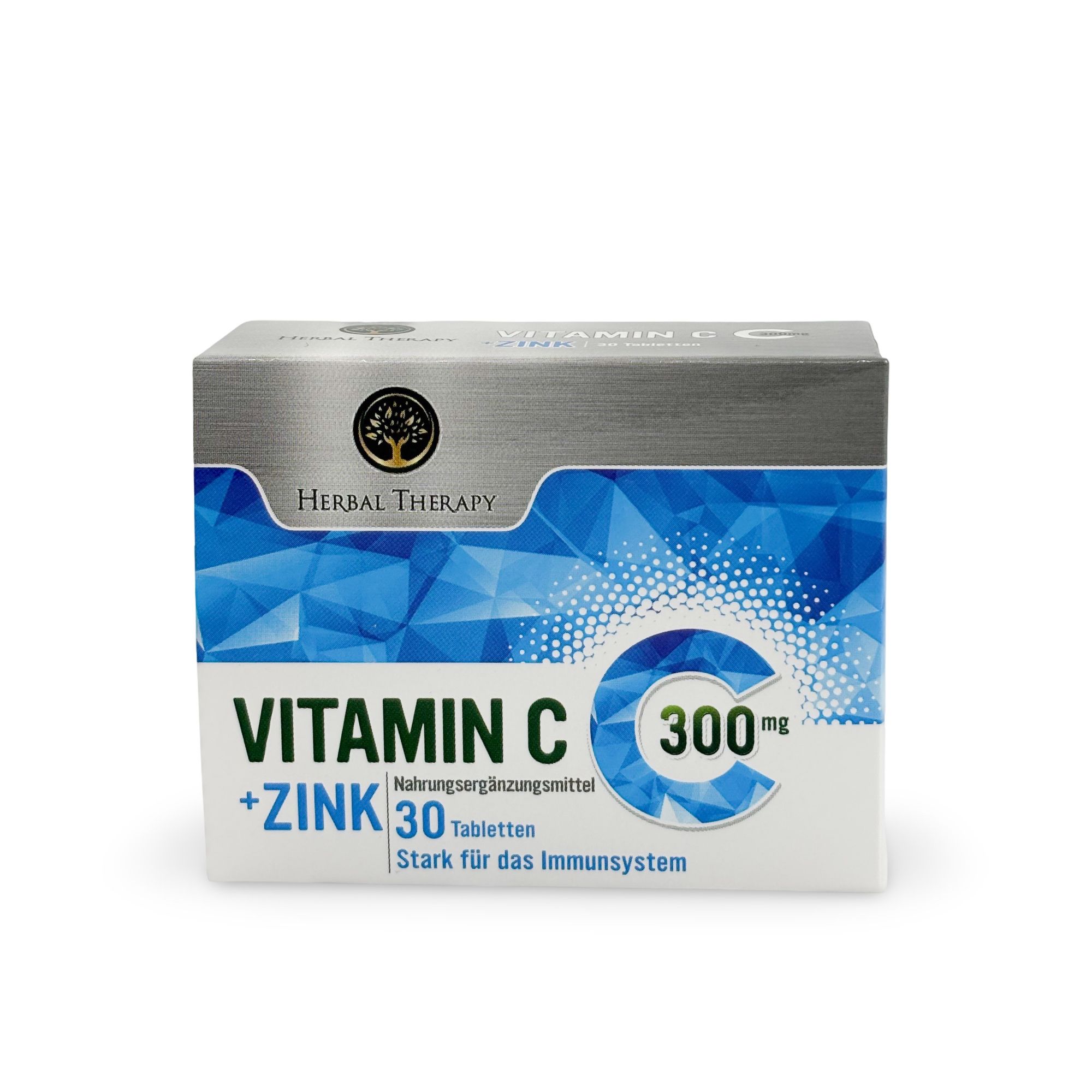 Karton mit Vitamin C + Zink Tabletten. Blaue und weiße Grafik. Text: 300mg, 30 Tabletten, Stark für das Immunsystem.