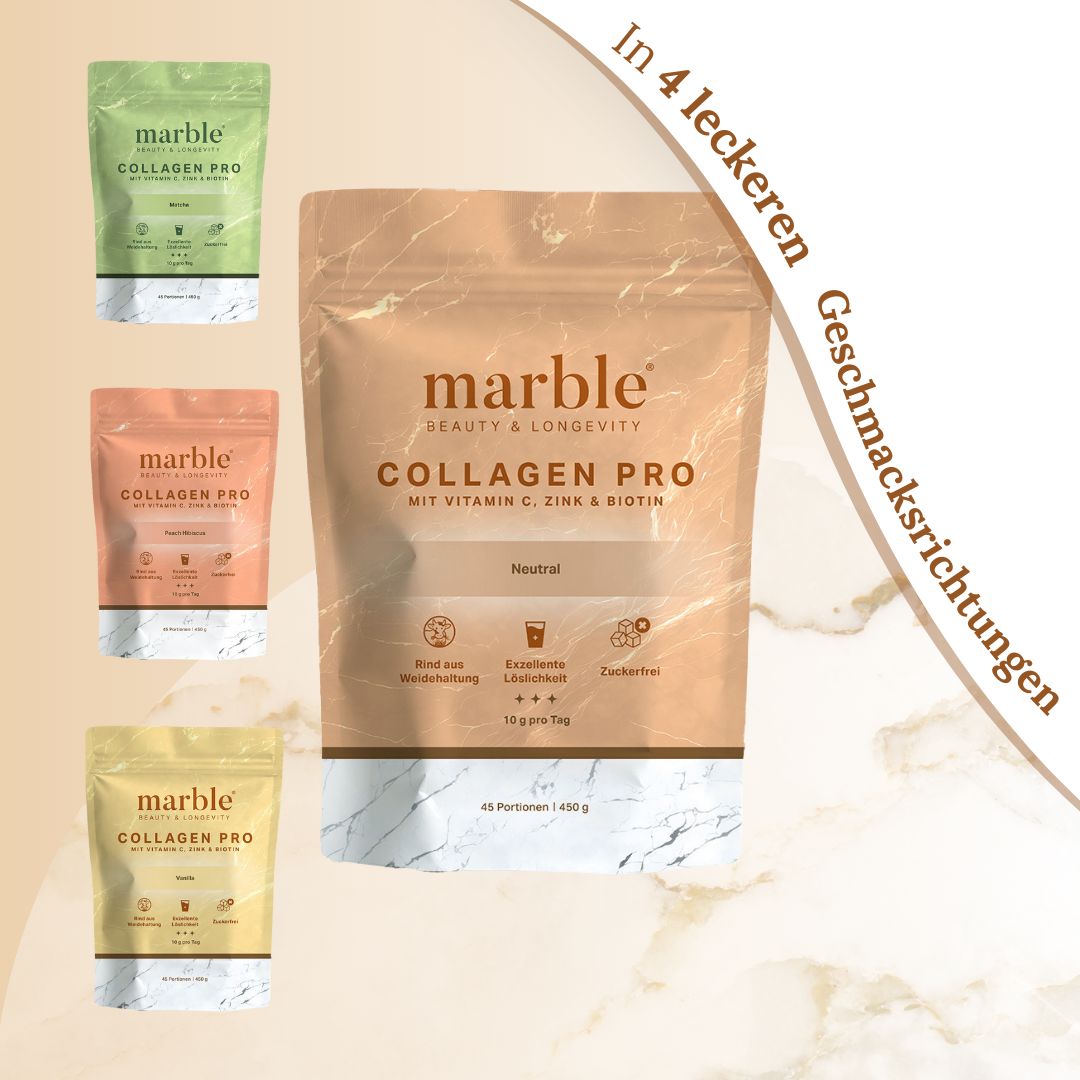 marble© Collagen Pro in vier Geschmacksrichtungen. Ein Beutel in der Mitte, umgeben von kleineren Beuteln.
