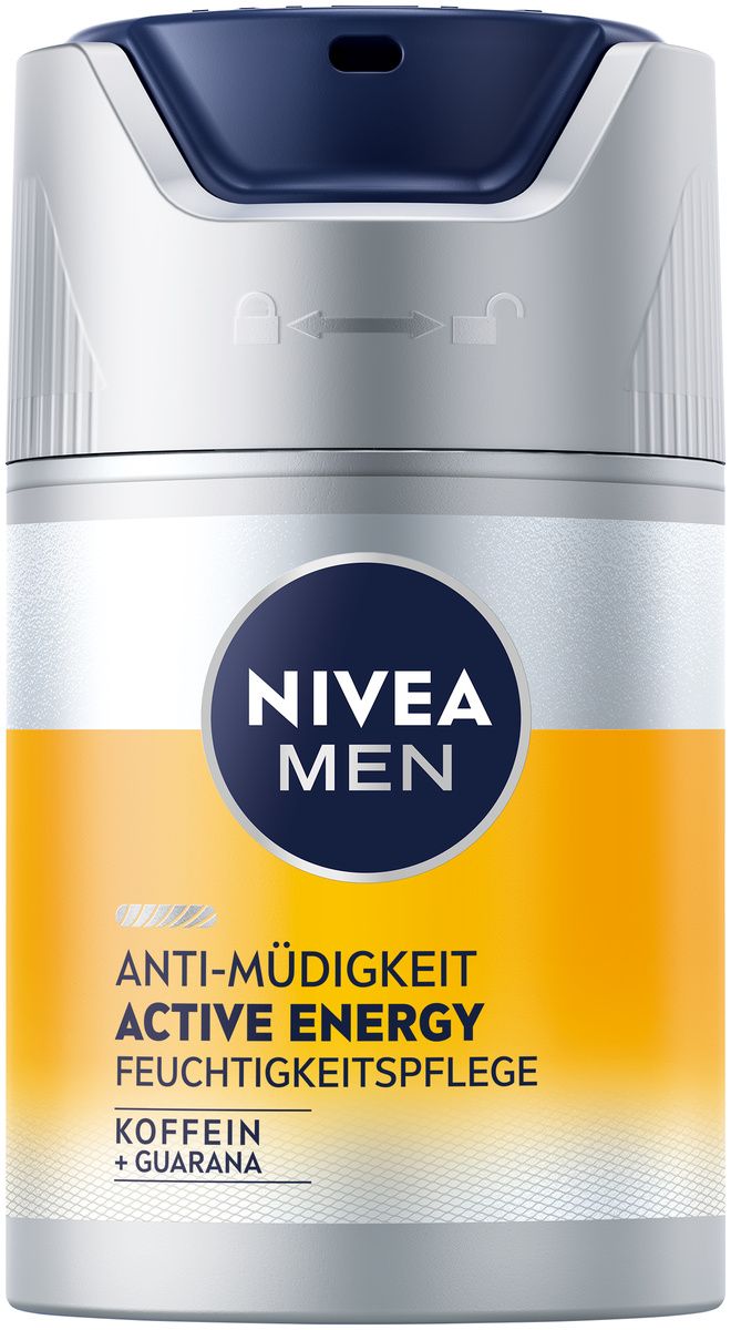 NIVEA MEN Active Energy Feuchtigkeitspflege-Tiegel. Weiß, silber, gelb und blau. Text: Anti-Müdigkeit, Active Energy, Koffein + Guarana.