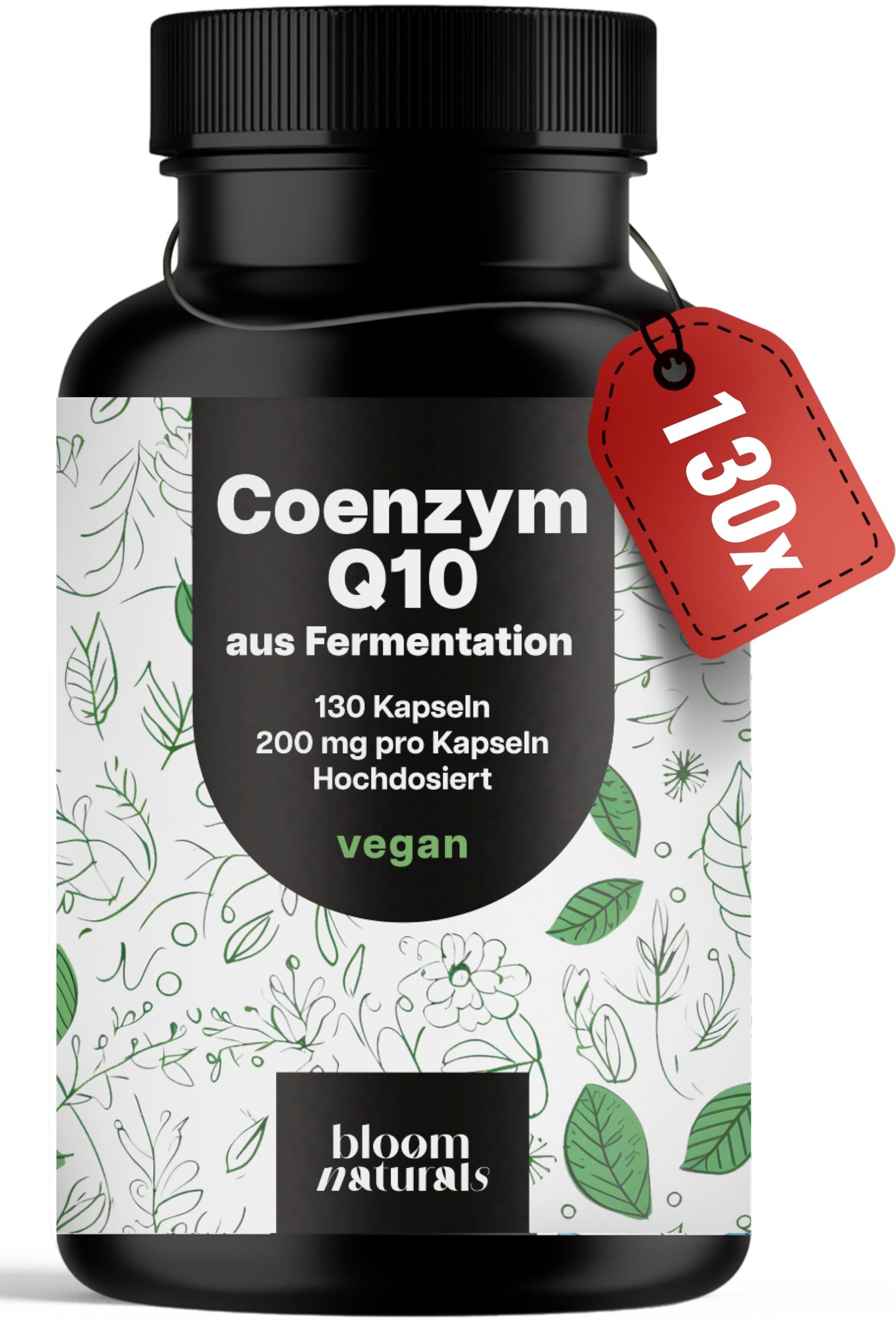 Schwarze Dose Coenzym Q10 mit rotem Anhänger "130x". Pflanzenmuster auf dem Etikett.