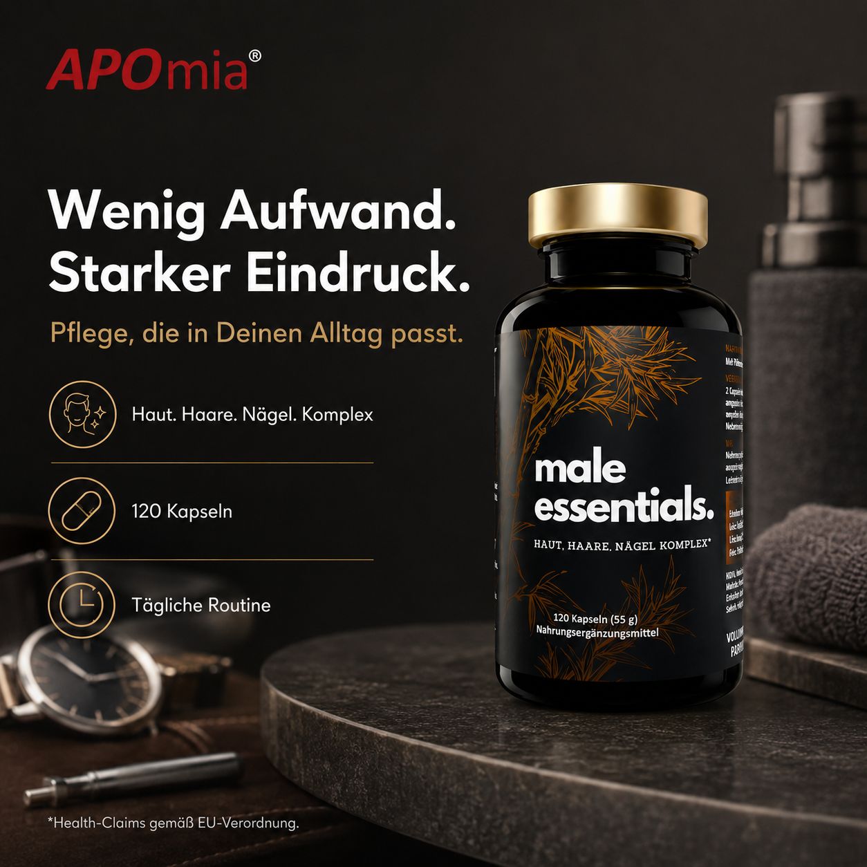 Flasche Male Essentials auf Tisch mit Uhr, Manschettenknöpfen und Text.
