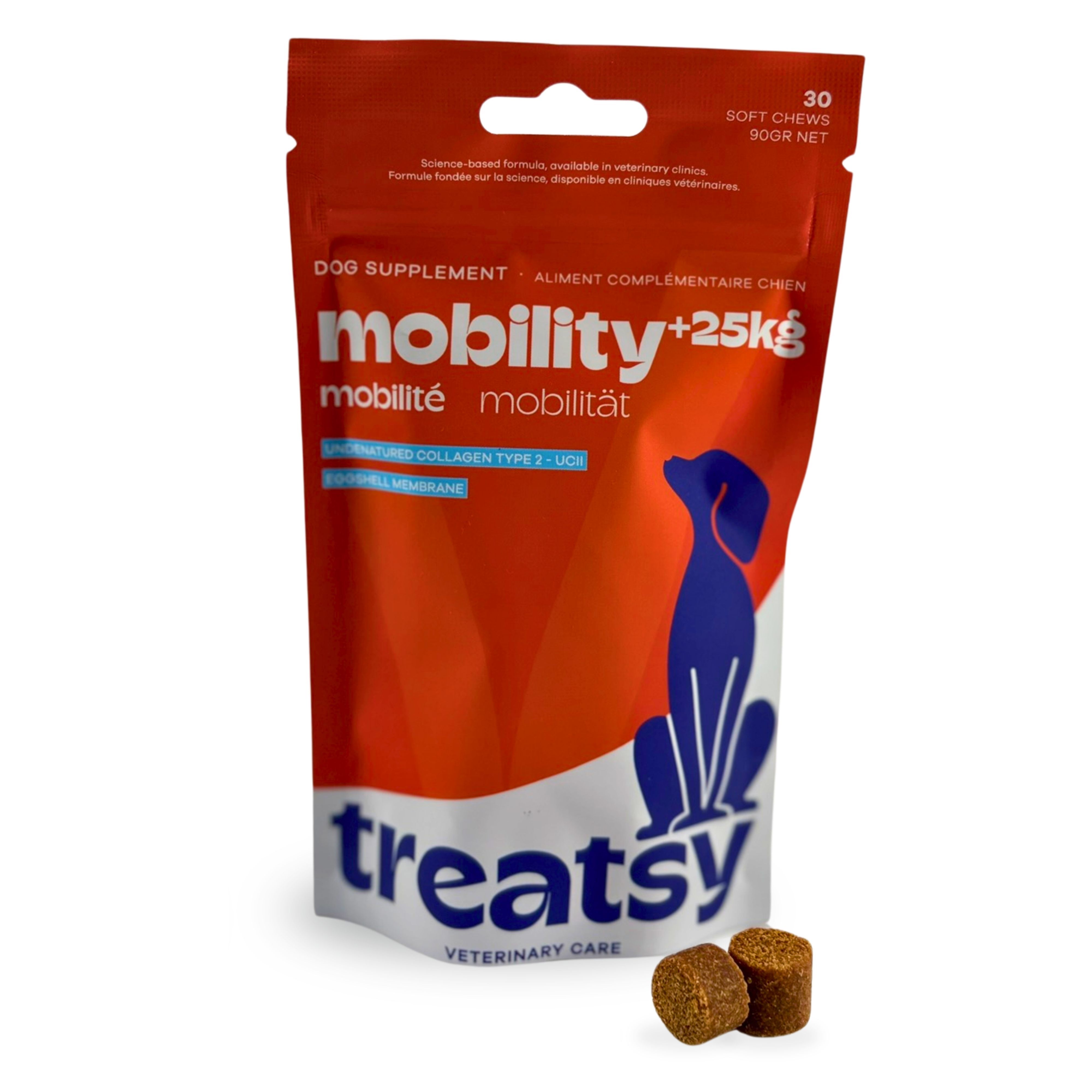 Ergänzungsfuttermittel für Hunde. Rote Verpackung mit Produktnamen, Hundesilhouette und Tabletten.