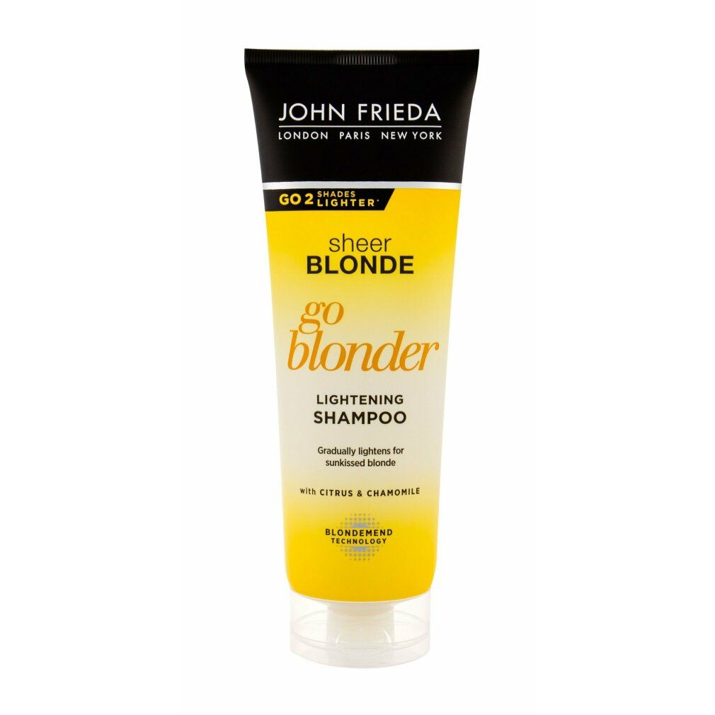 John Frieda Sheer Blonde Go Blonder Shampoo. Gelbe Tube mit schwarzem Deckel. Produktname und Logo deutlich sichtbar.