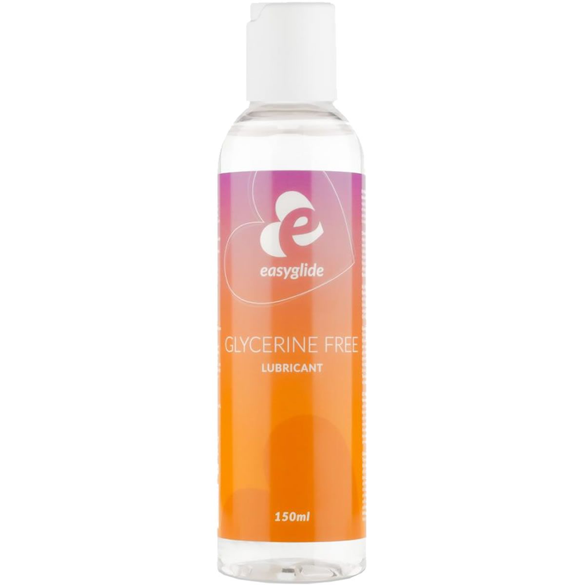 Klare Flasche mit weißem Deckel. Etikett mit Logo, Schriftzug "Glycerine Free Lubricant" und 150ml.