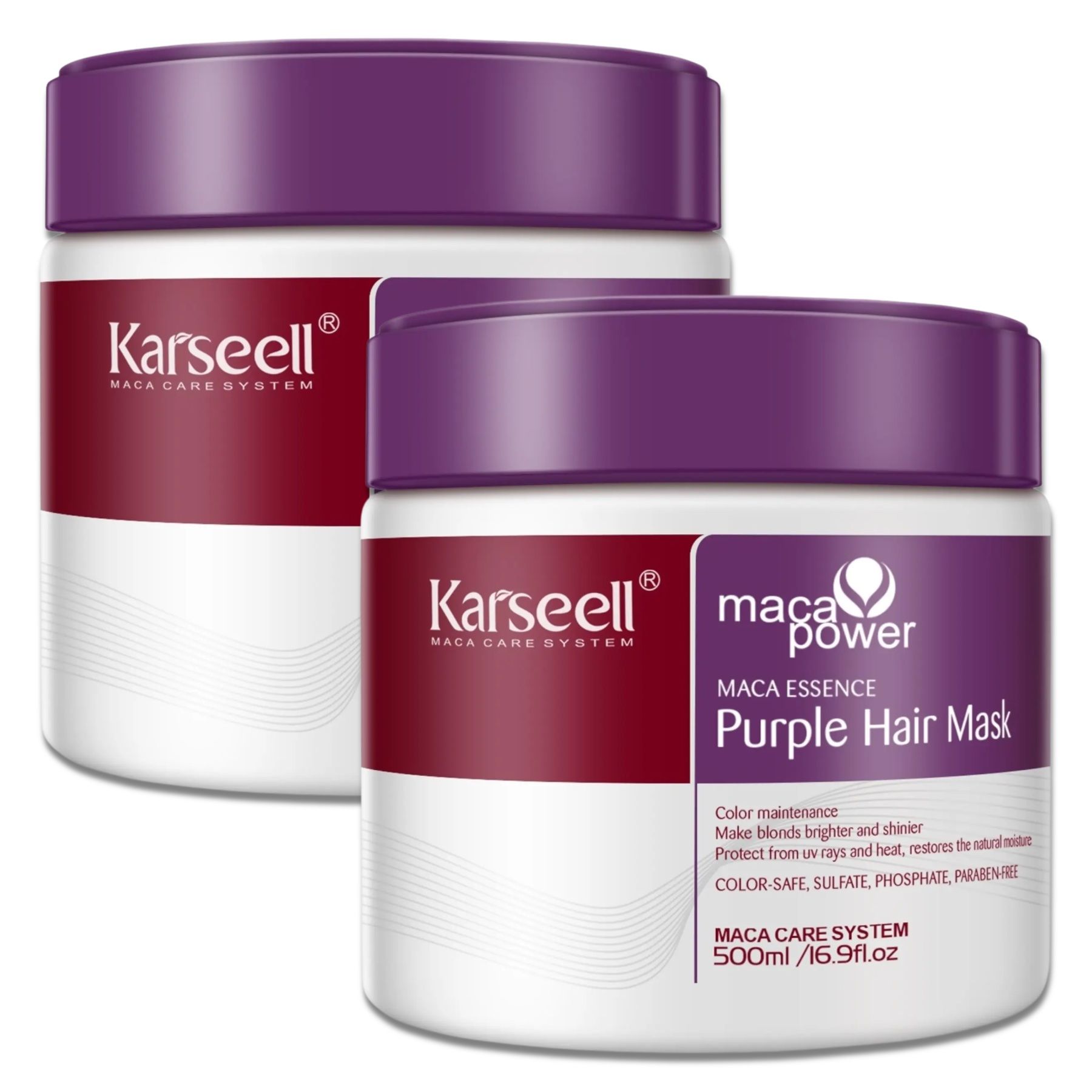 Zwei Karseell Purple Hair Mask-Behälter. Lila Deckel, weißer Behälter. Text: Maca Essence Purple Hair Mask.