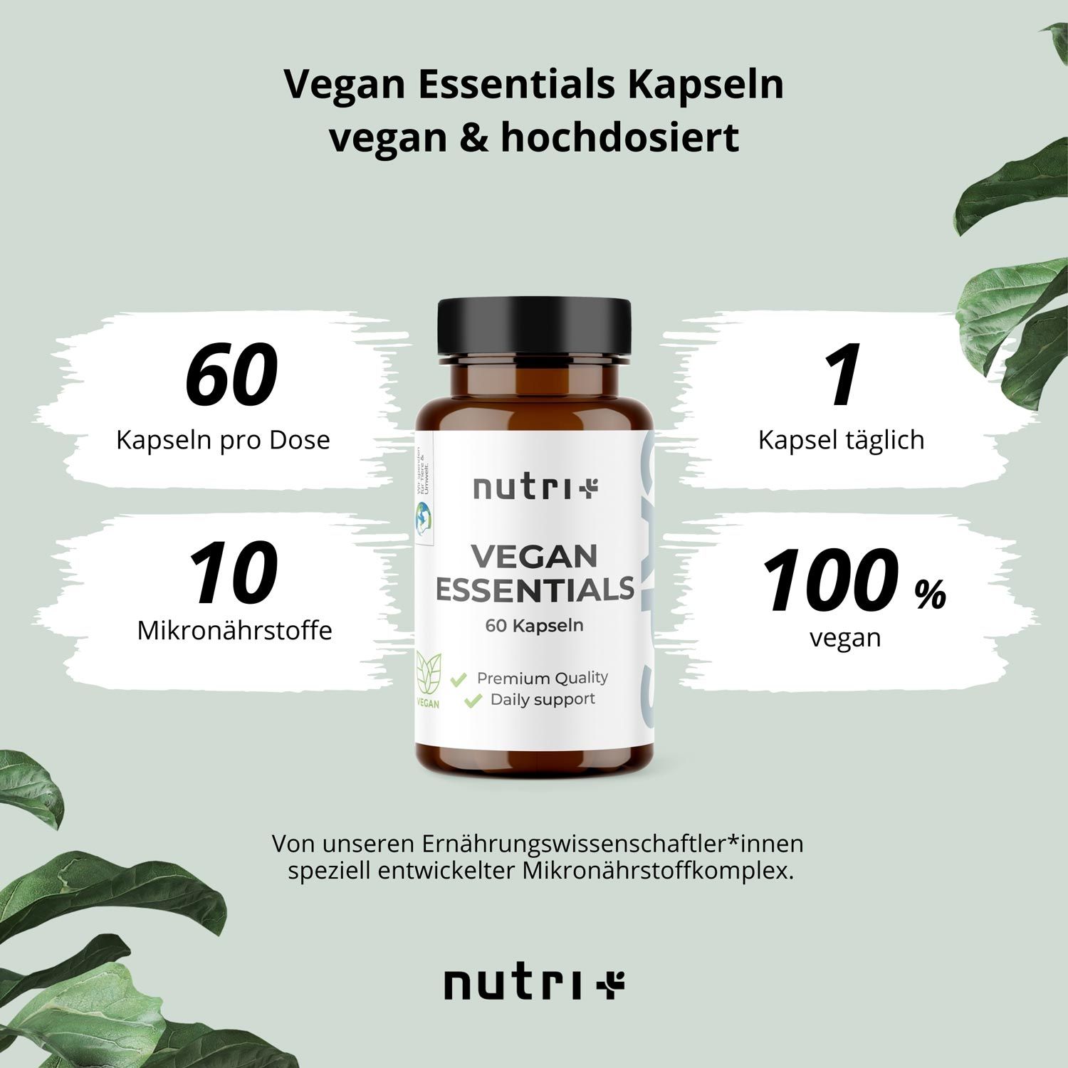 Grafik mit Produktflasche und Informationen: 60 Kapseln pro Dose, 1 Kapsel täglich, 10 Mikronährstoffe, 100% vegan.