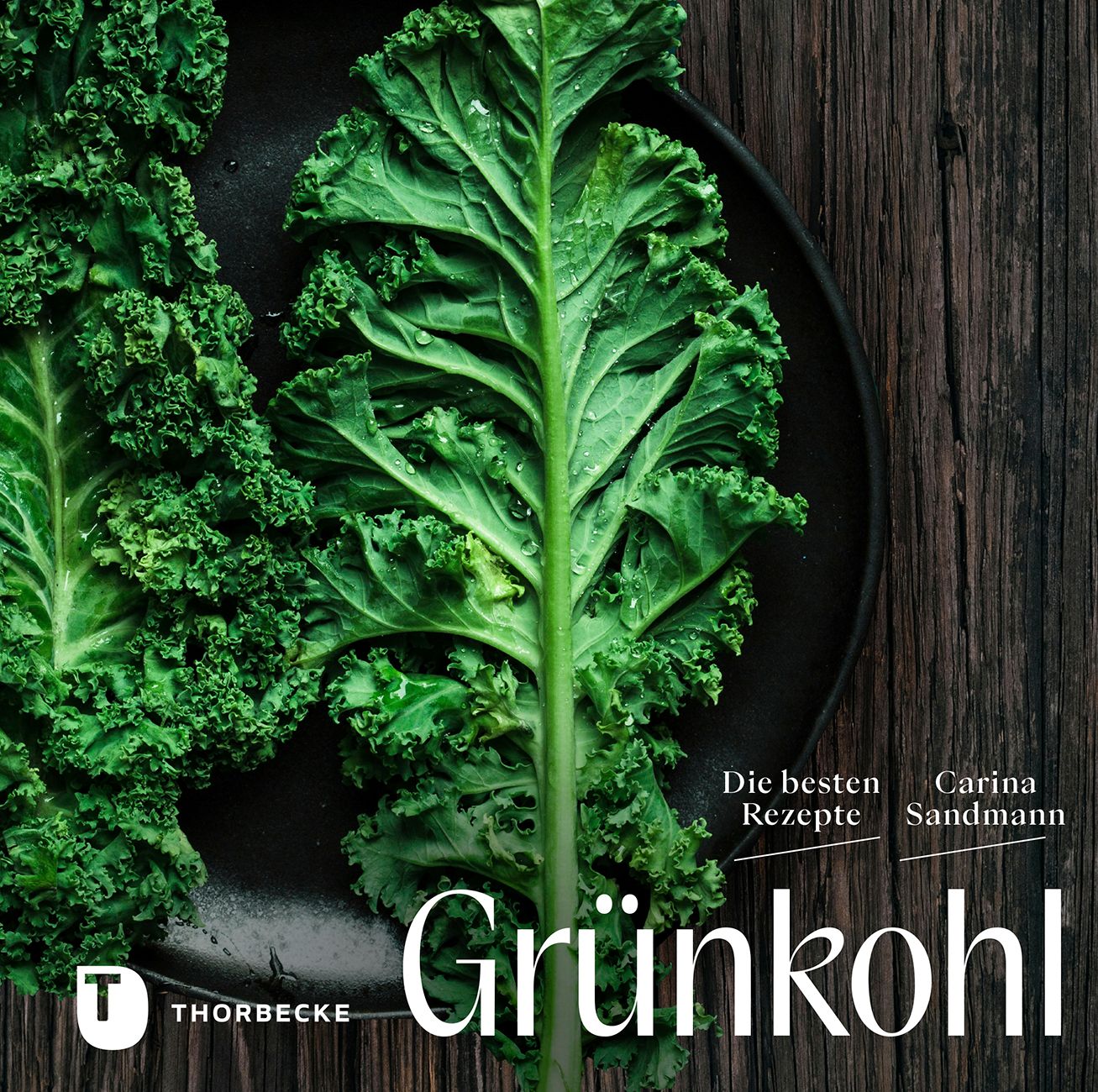 Grünkohl-Blätter auf schwarzem Teller. Titel: Grünkohl, Die besten Rezepte. Autorin: Carina Sandmann. Verlag: Thorbecke.