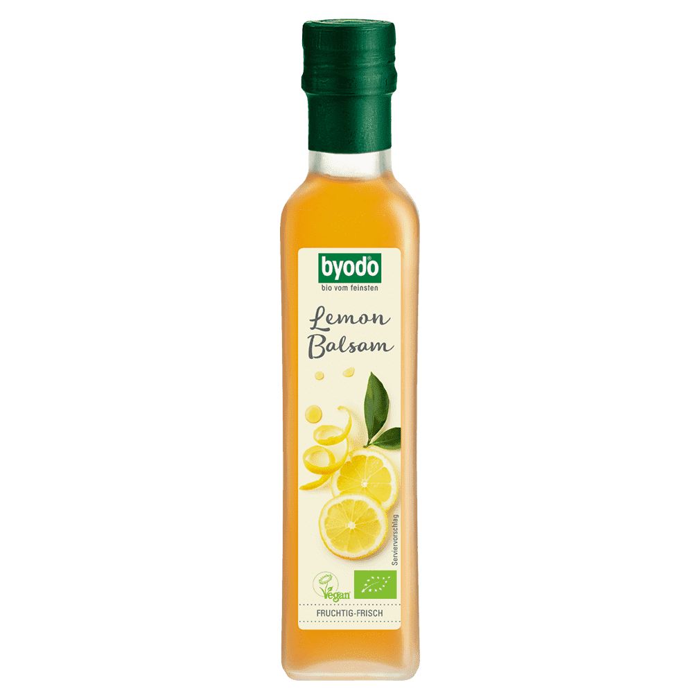 BYODO Lemon Balsam Flasche. Grün-weißes Etikett mit Produktname, Zitronenabbildung und Bio-Siegel. Grüner Verschluss.