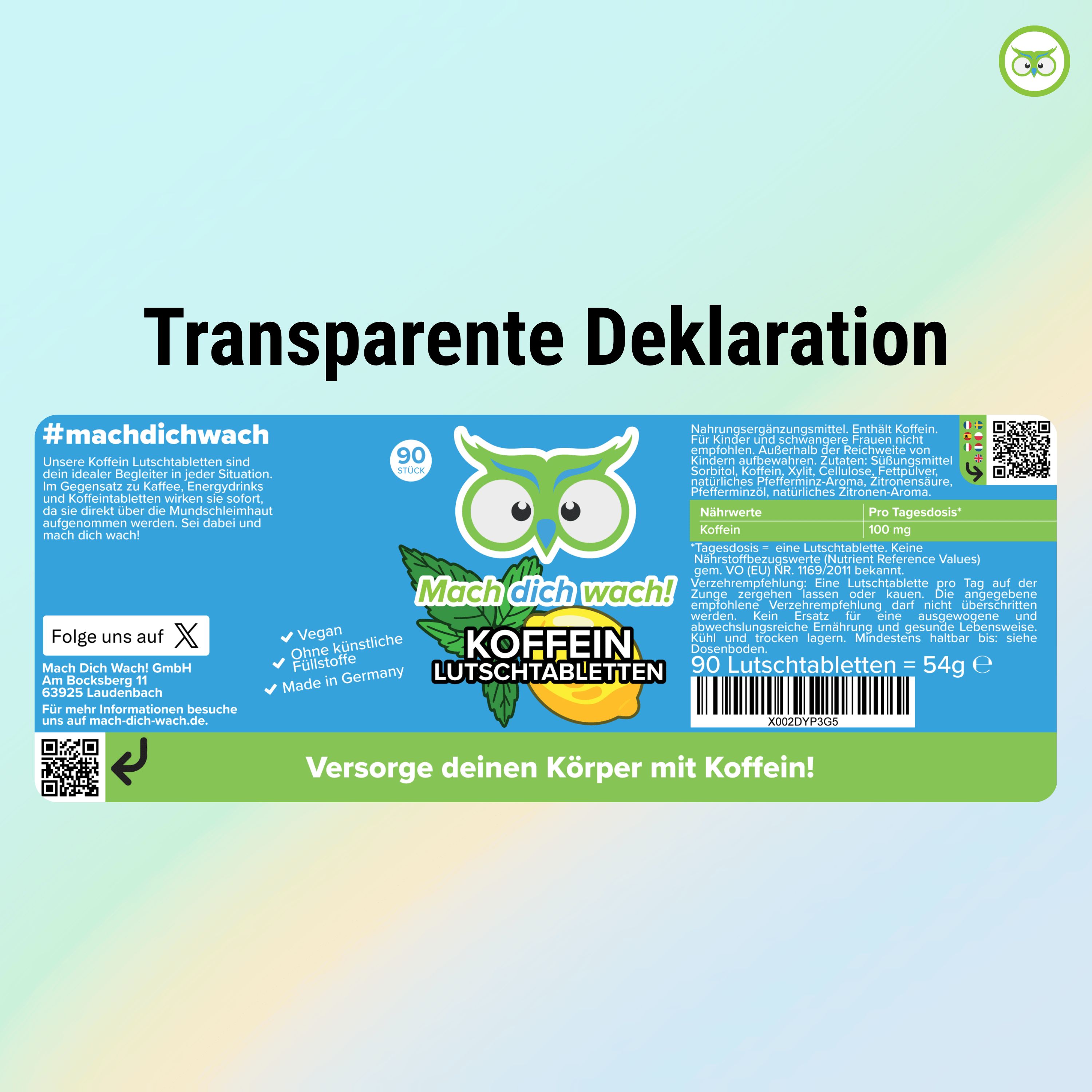 Produktverpackung: Rechteckige Packung mit Text: #machdichwach, 90 Stück, Koffein Lutschtabletten, Inhaltsstoffe, Nährwerte, QR-Code.