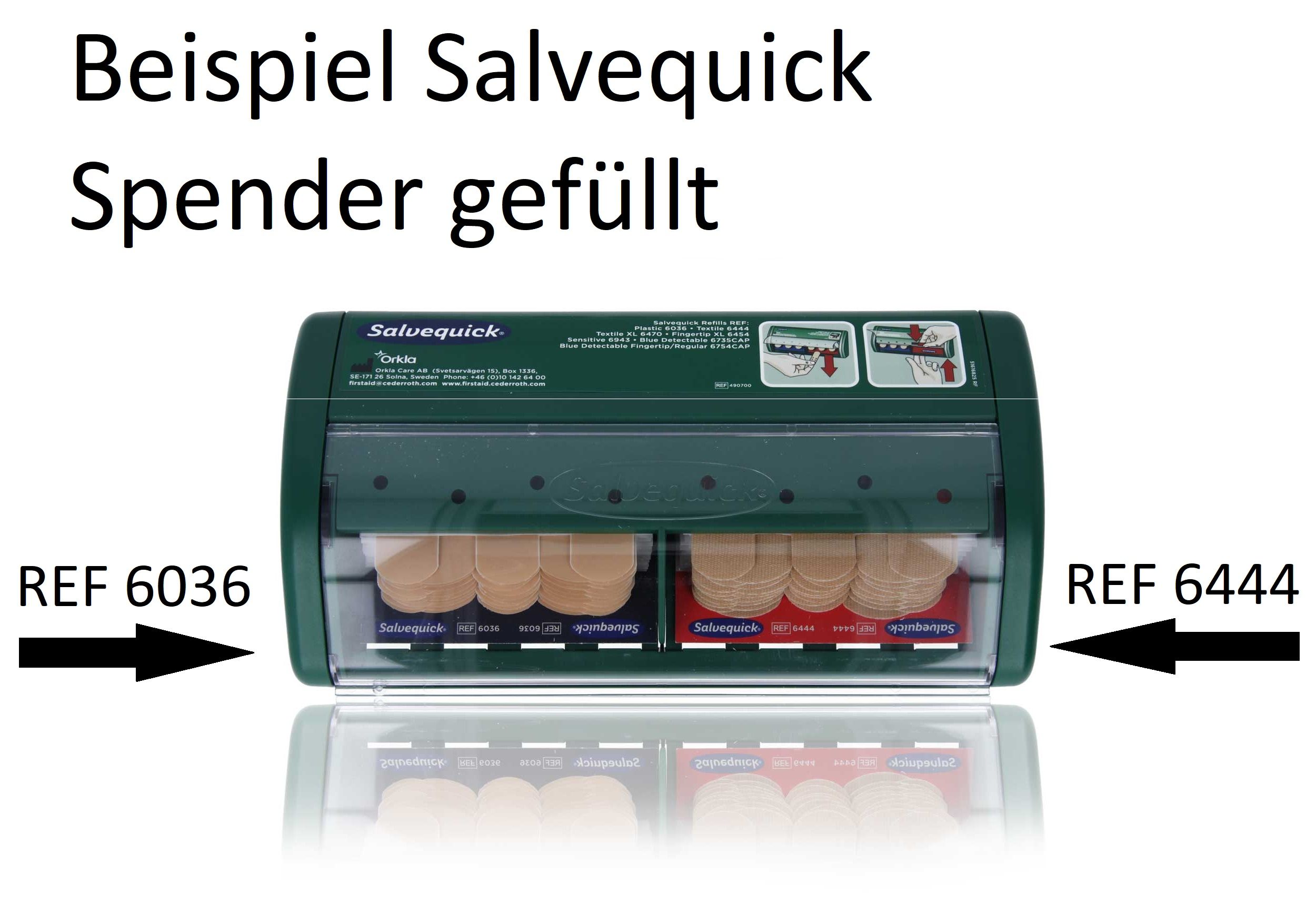 Beispiel für einen Salvequick-Spender, gefüllt. Pfeile zeigen auf REF 6036 und REF 6444. Grüne Spenderbox.