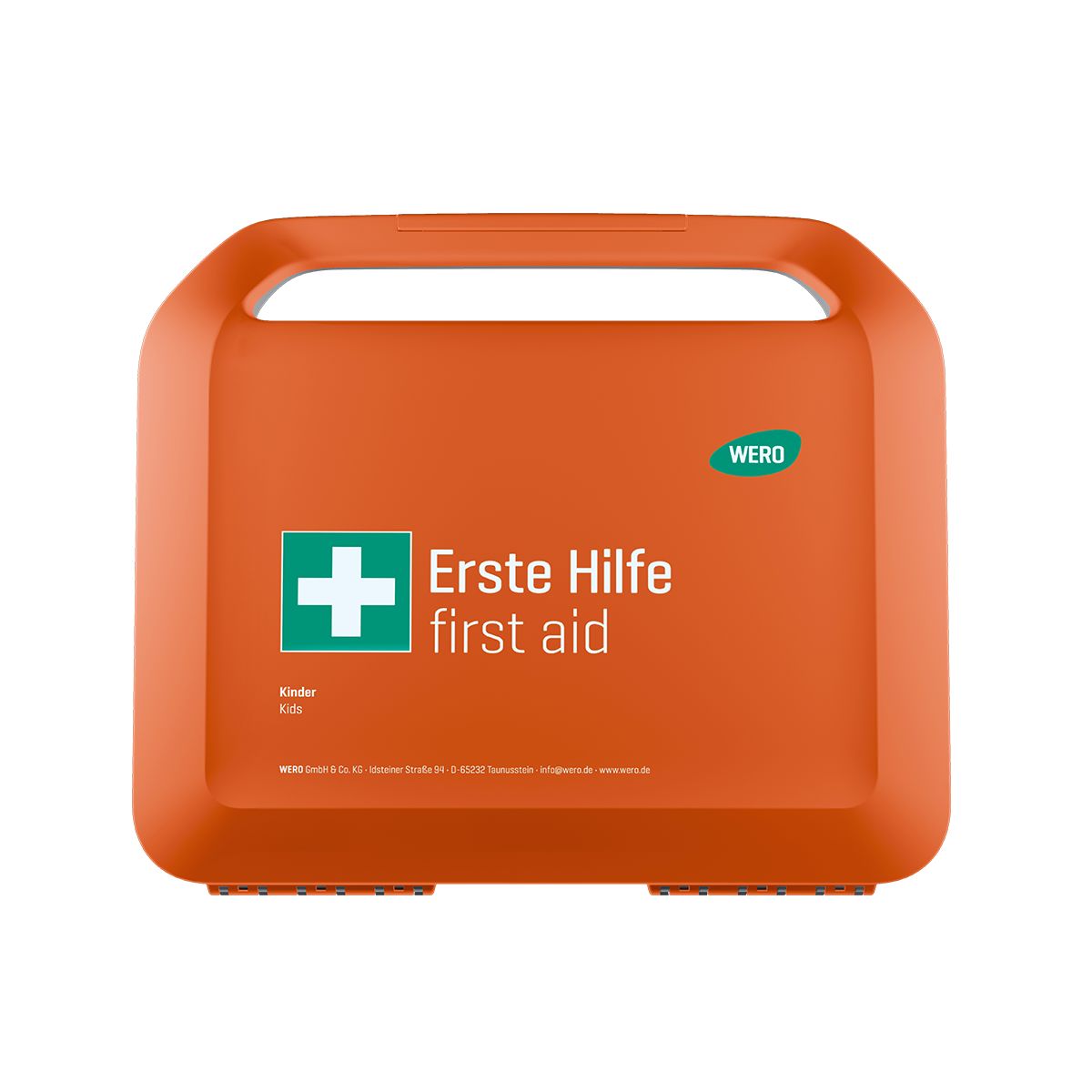 Orange Erste-Hilfe-Koffer mit Tragegriff. Grünes Kreuz und Schriftzug 'Erste Hilfe first aid'. Marke WERO.