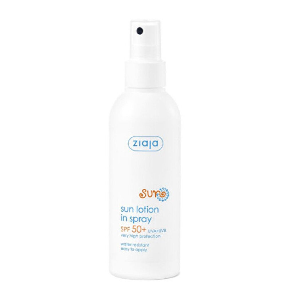 Weiße Sprühflasche mit Ziaja-Logo und SPF 50+ Aufschrift. Produktname: Sun Lotion in Spray.