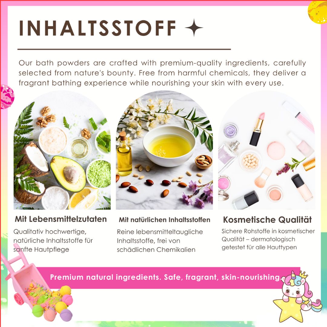 Drei Bilder mit Inhaltsstoffen. Avocado, Öl, Mandel, Kosmetische Qualität. Text: Premium natürliche Inhaltsstoffe.