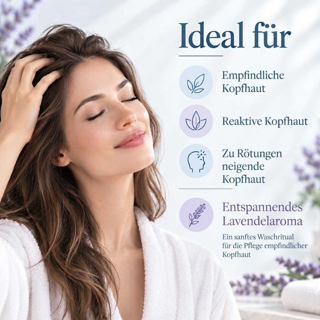 Frau mit geschlossenen Augen und Lavendel. Ideal für empfindliche, reaktive Kopfhaut. Sanftes Waschritual.