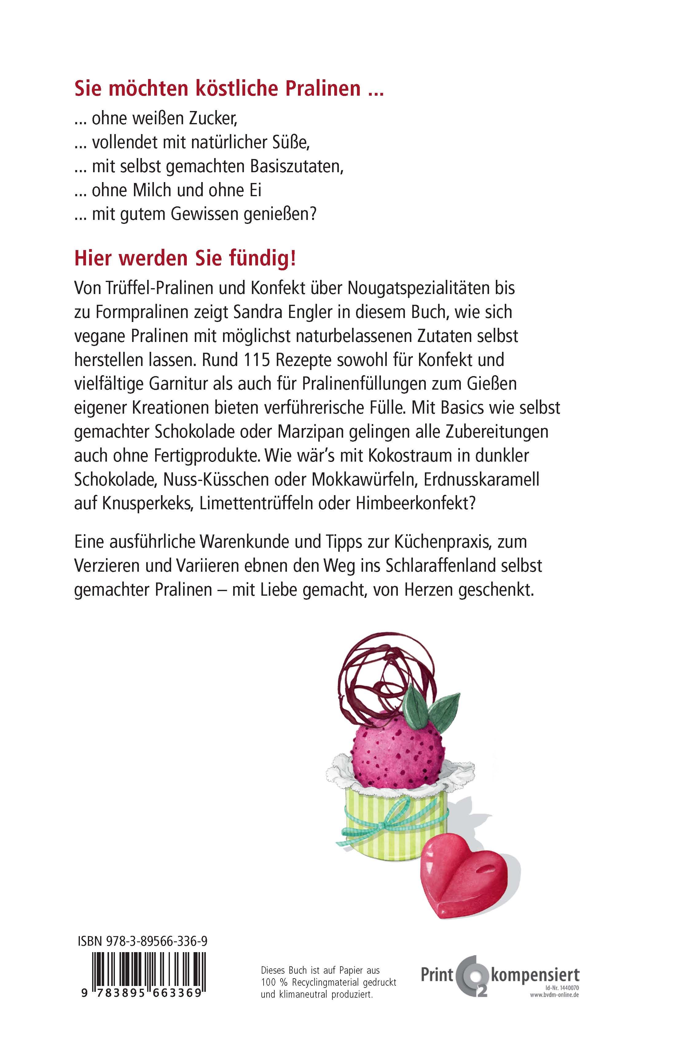 Rückseite des Buches "Vegane Pralinen und Konfekt". Text, Abbildung von Praline und Herz.