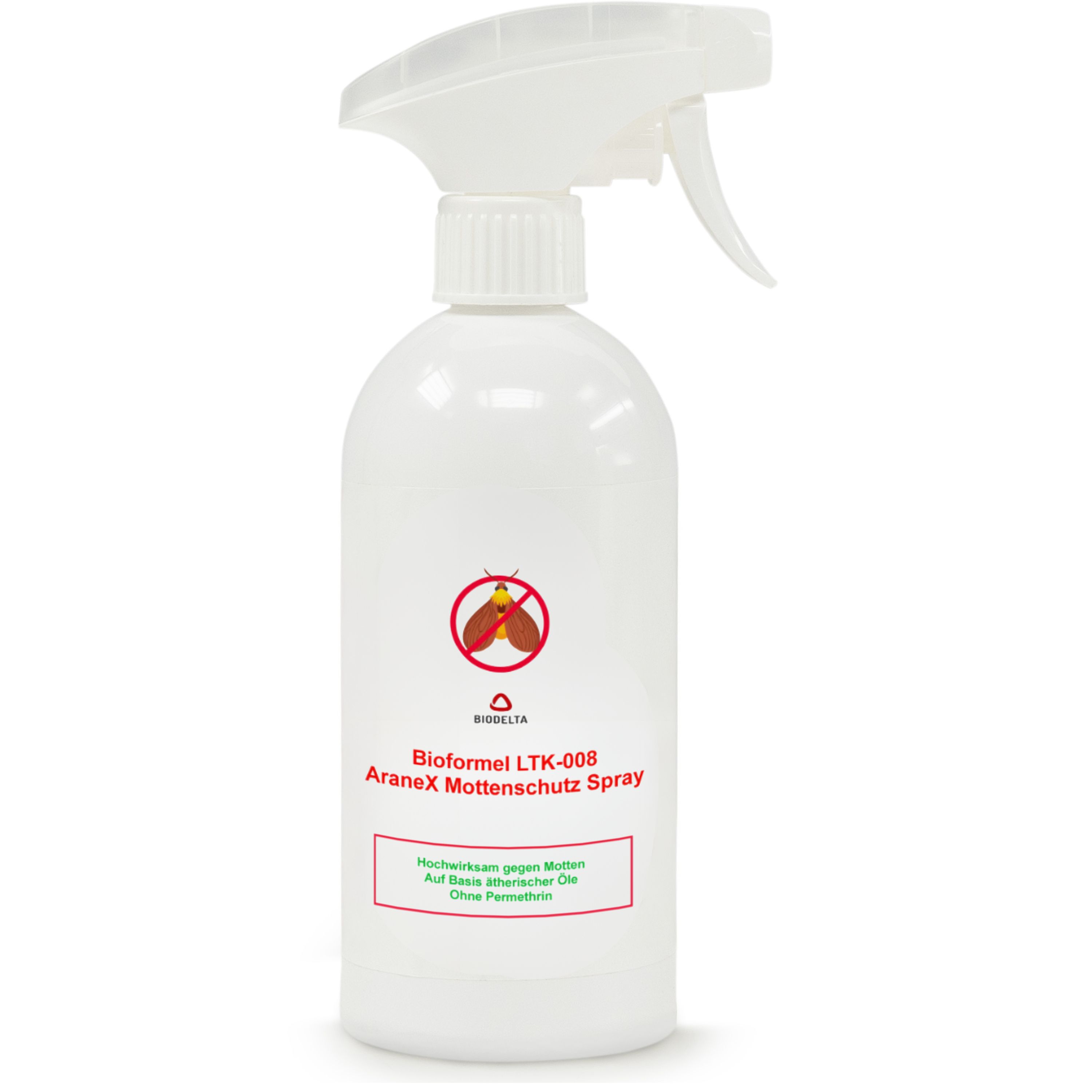 Weiße Sprühflasche mit Sprühkopf. Etikett mit Produktname und Logo. Text: Bioformel LTK-008 Aranex Mottenschutz Spray.