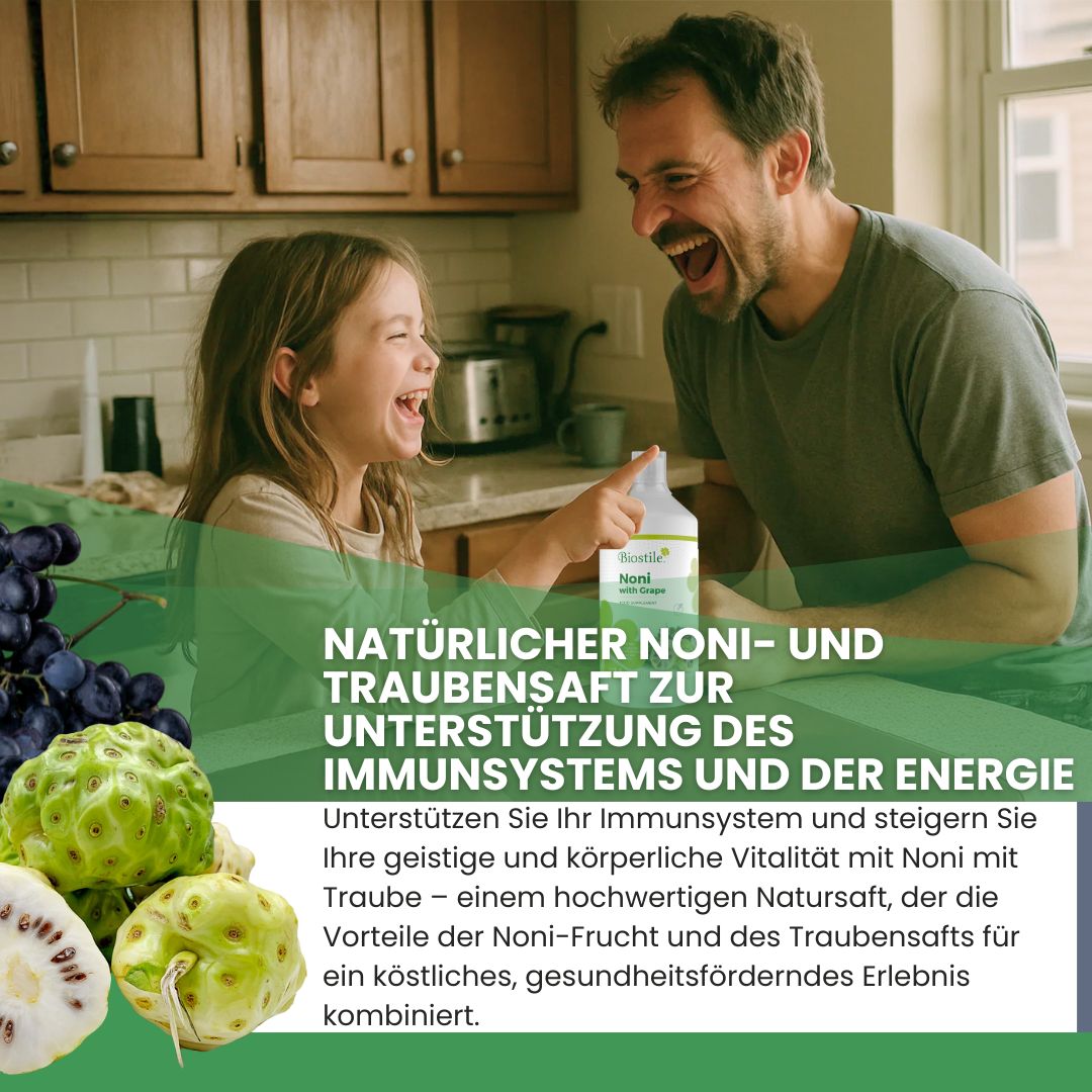 Mann und Kind lachen. Eine Flasche Biostile Noni mit Traube wird gehalten. Text über Immunsystem und Energie.