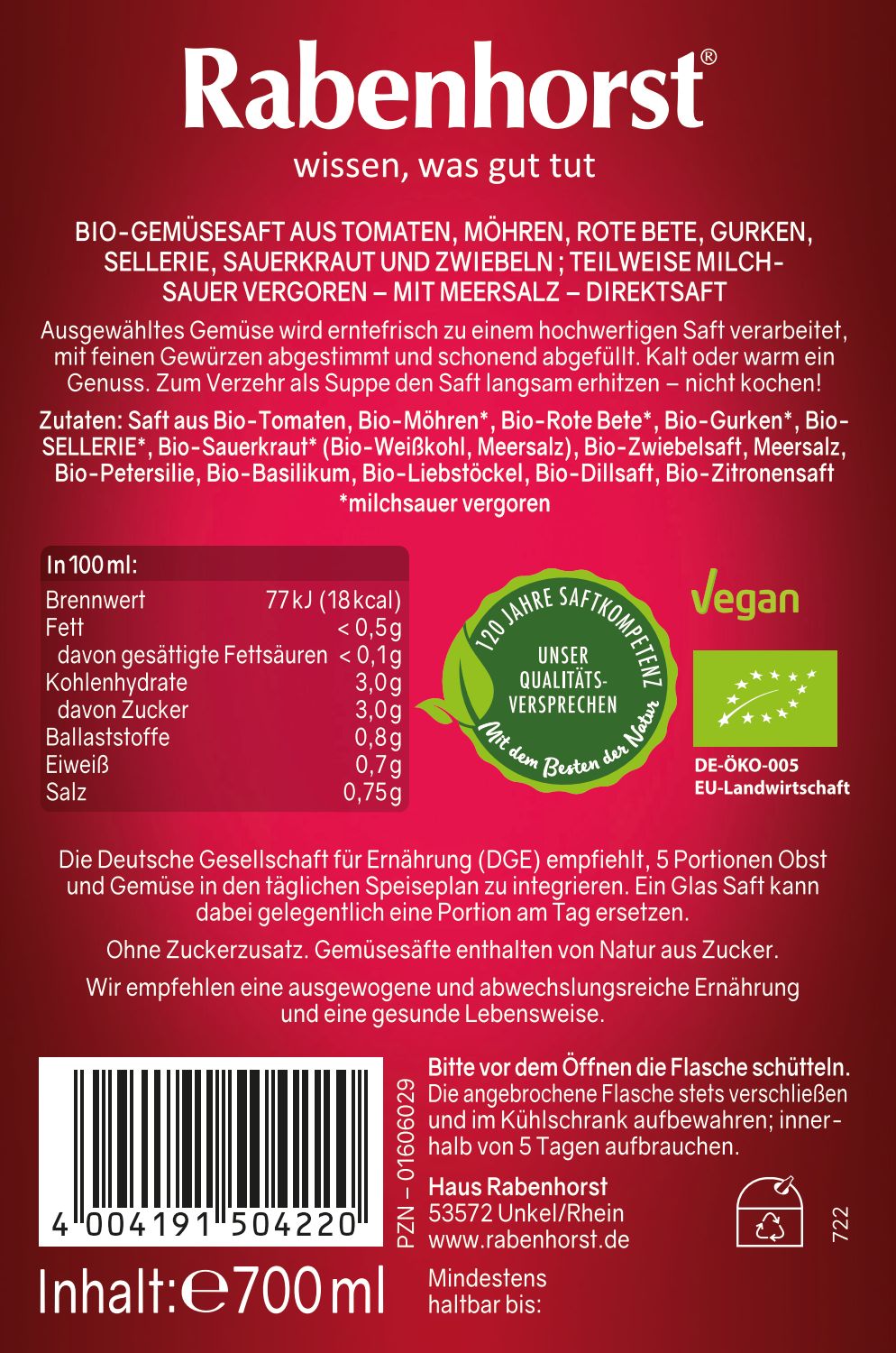 Rabenhorst Traditioneller Gemüsesaft BIO 6x700 ml Saft