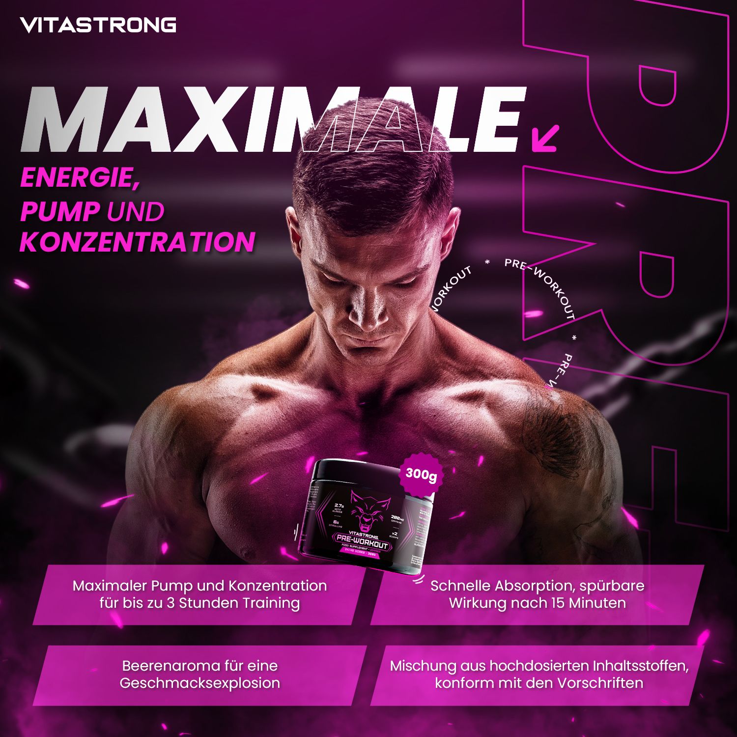 Mann mit Produkt. Aufschrift: Maximale Energie, Pump und Konzentration. Behälter mit 300g. Pinker Hintergrund.