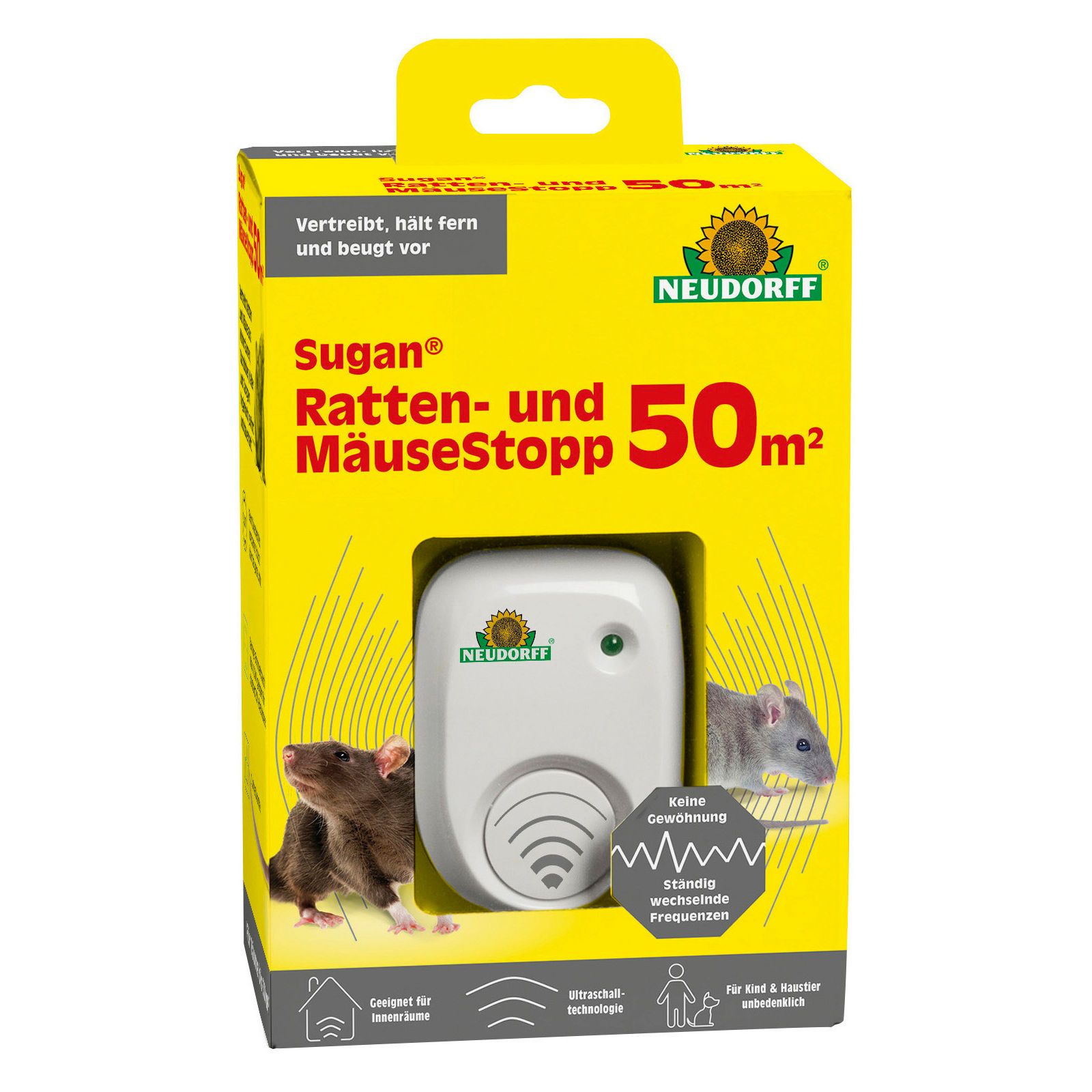 Gelbe Verpackung mit weißem Gerät. "Neudorff Sugan Ratten- und Mäuse Stopp" und "50 m²" sind sichtbar.