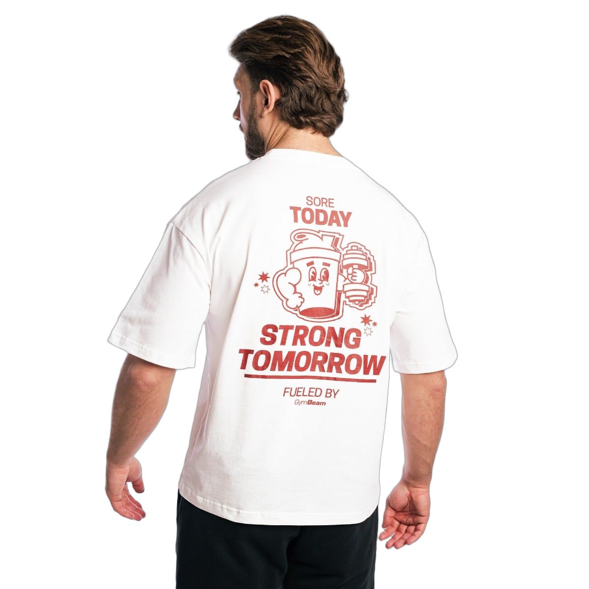 Rückseite eines weißen Herren Boxy-Oversized T-Shirts mit rotem Aufdruck 'STRONG TOMORROW'.