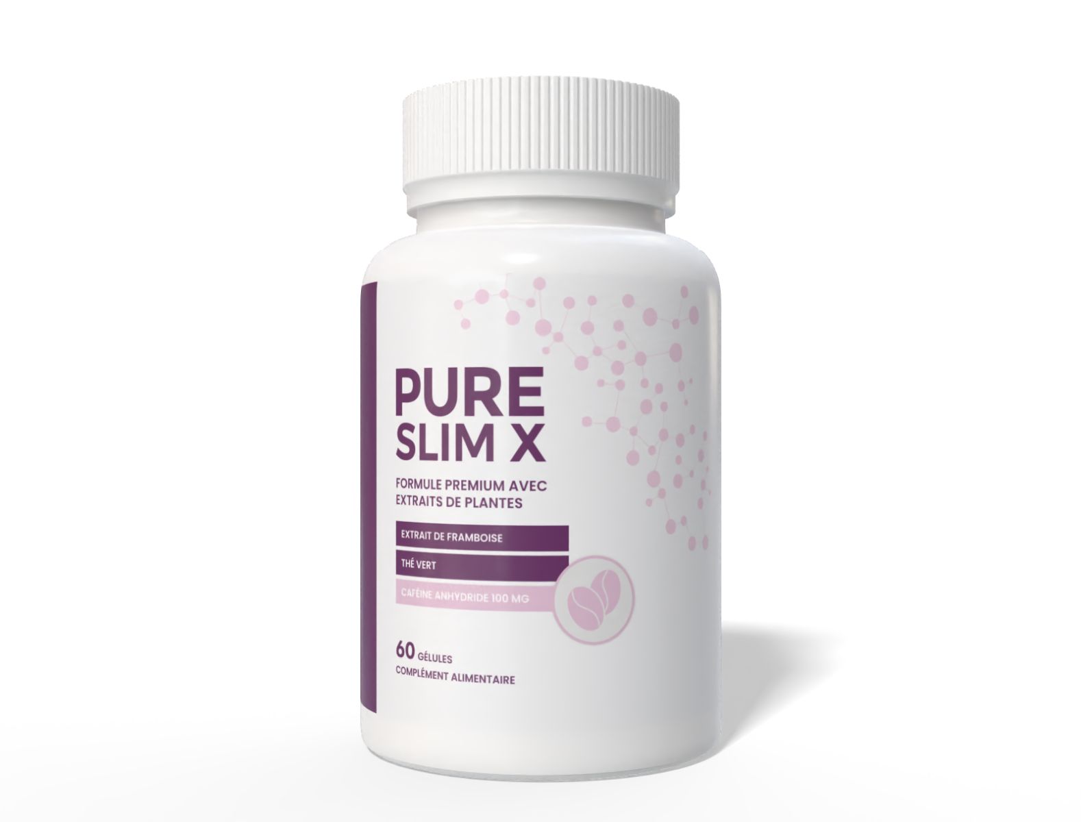 Weiße Flasche mit lila Etikett. Aufschrift: Pure Slim X, Premium-Formel, Inhaltsstoffe. 60 Kapseln. Nahrungsergänzungsmittel.