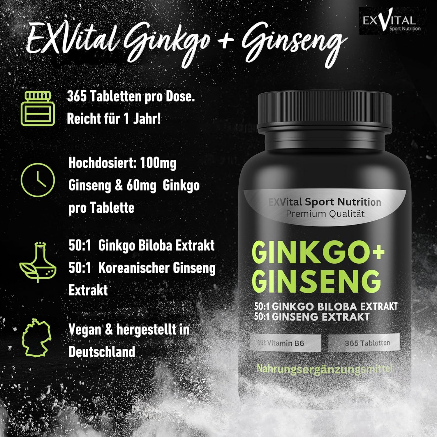 Werbefoto mit EXVital Ginkgo+Ginseng Flasche. Text: 365 Tabletten, 100mg Ginseng & 60mg Ginkgo pro Tablette, vegan.