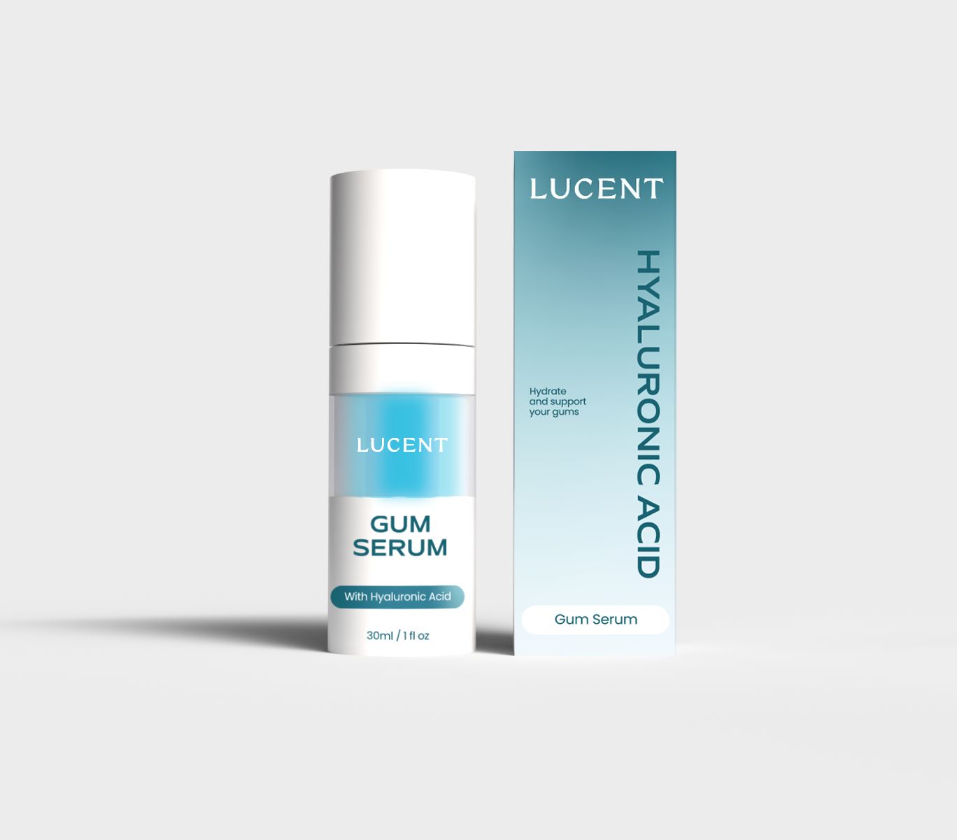 Zahnfleischserum-Flasche und Schachtel. Flasche mit blauem Serum, weißem Deckel. Schachtel mit Schriftzug "LUCENT" und "HYALURONSÄURE".