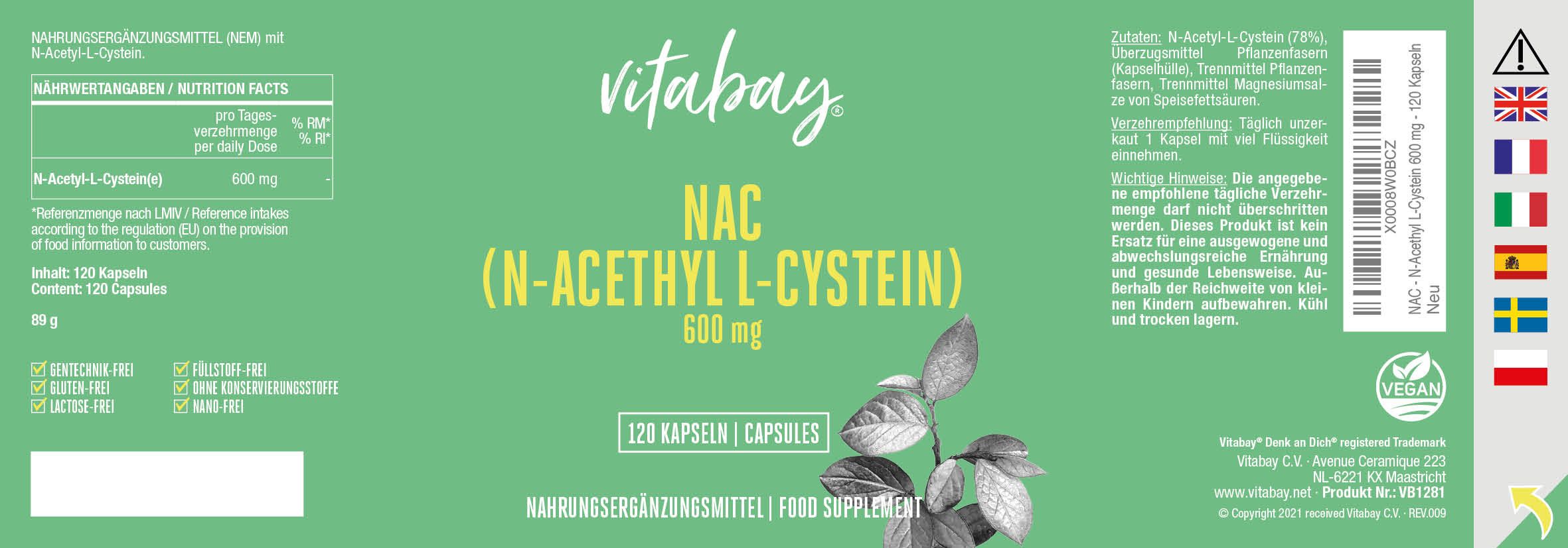 Vitabay NAC 600 mg (N-Acetyl L-Cystein) 120 St Kapseln