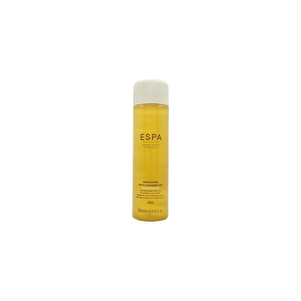 Gel-Flakon mit gelber Flüssigkeit und weißem Deckel. Aufschrift: ESPA. Produktbezeichnung und Volumenangabe.