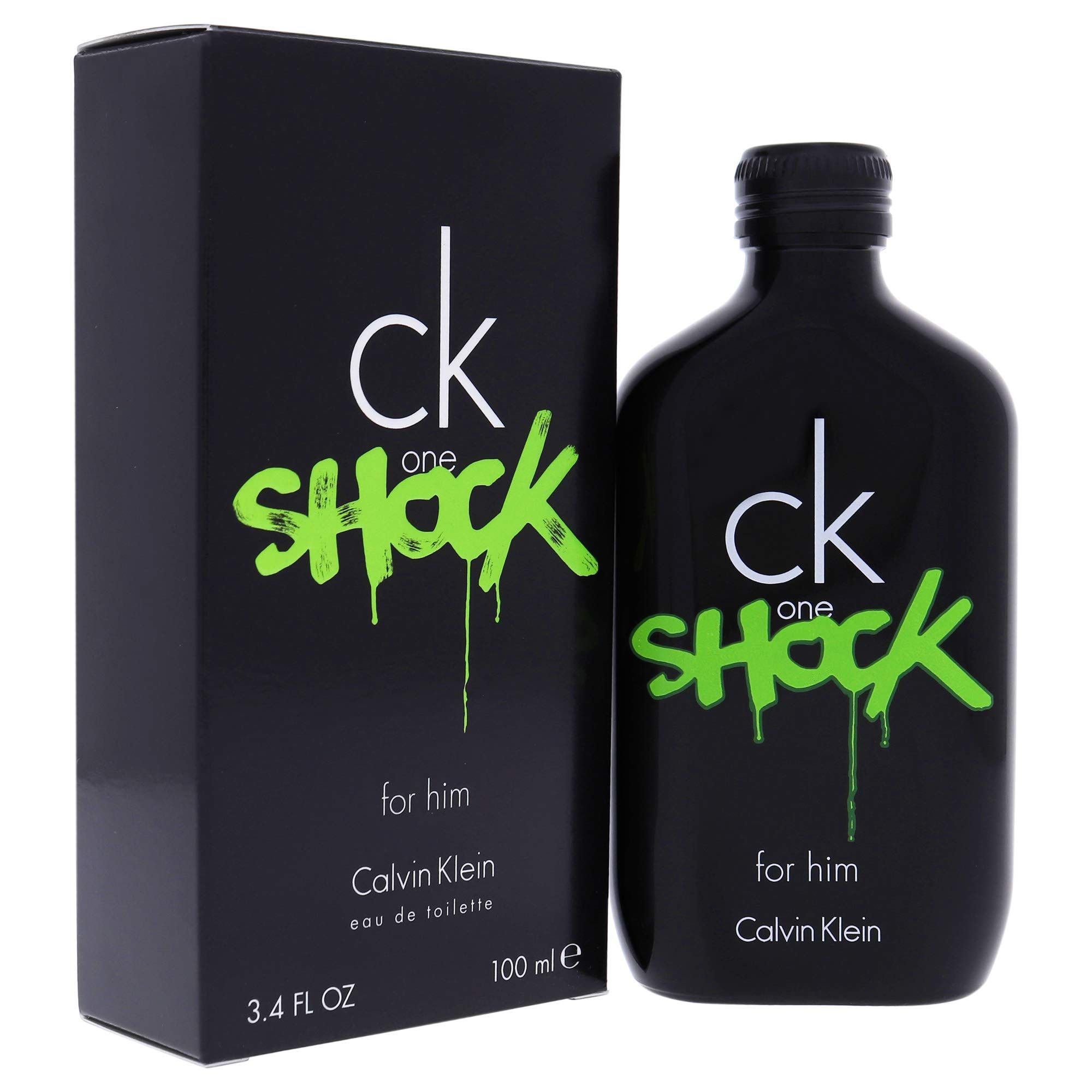 Schwarze Flasche und Schachtel. "ck one SHOCK for him" und "Calvin Klein" sind sichtbar. 3.4 FL OZ und 100 ml.