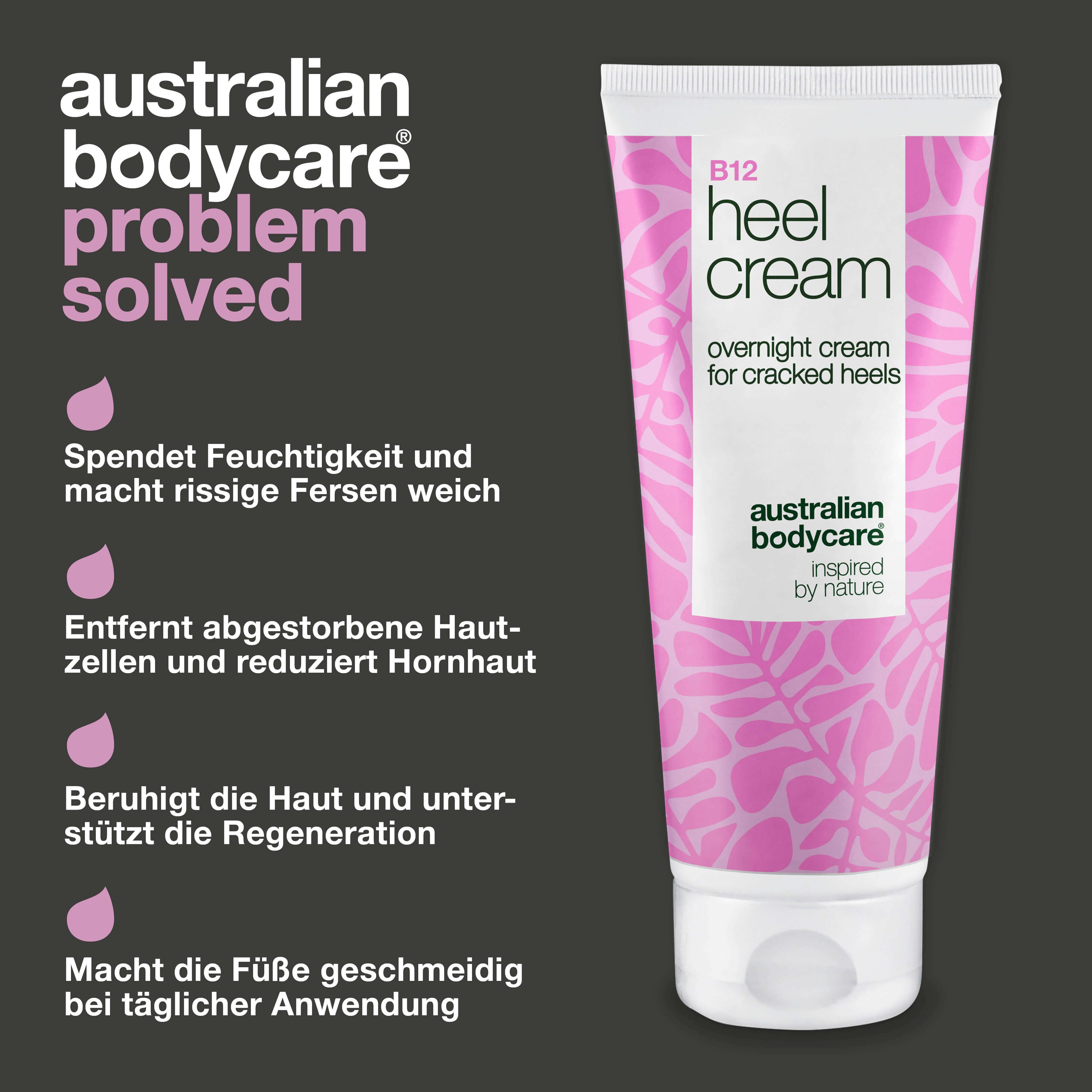 Tube B12 Heel Cream. Rosa floral Muster. Text: overnight cream for cracked heels. Text: Australian Bodycare. Rosa Tropfen.
